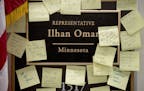 People leave post-it notes of support outside the office of Rep. Ilhan Omar, D-Minn., on Capitol Hill, Monday, Feb. 11, 2019, in Washington. Omar has 