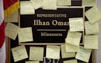 People leave post-it notes of support outside the office of Rep. Ilhan Omar, D-Minn., on Capitol Hill, Monday, Feb. 11, 2019, in Washington. Omar has 