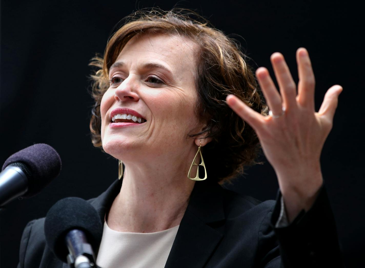 Officials announced a new phase of the Niciollet Mall Reconstruction with a block-by-block deconstruction of the streets , followed by the installment of new sidewalks and roadways during a press conference outside the IDS Building Wednesday, June 15, 2016, in Minneapolis, MN. Here, Minneapolis mayor Betsy Hodges spoke at the press conference.