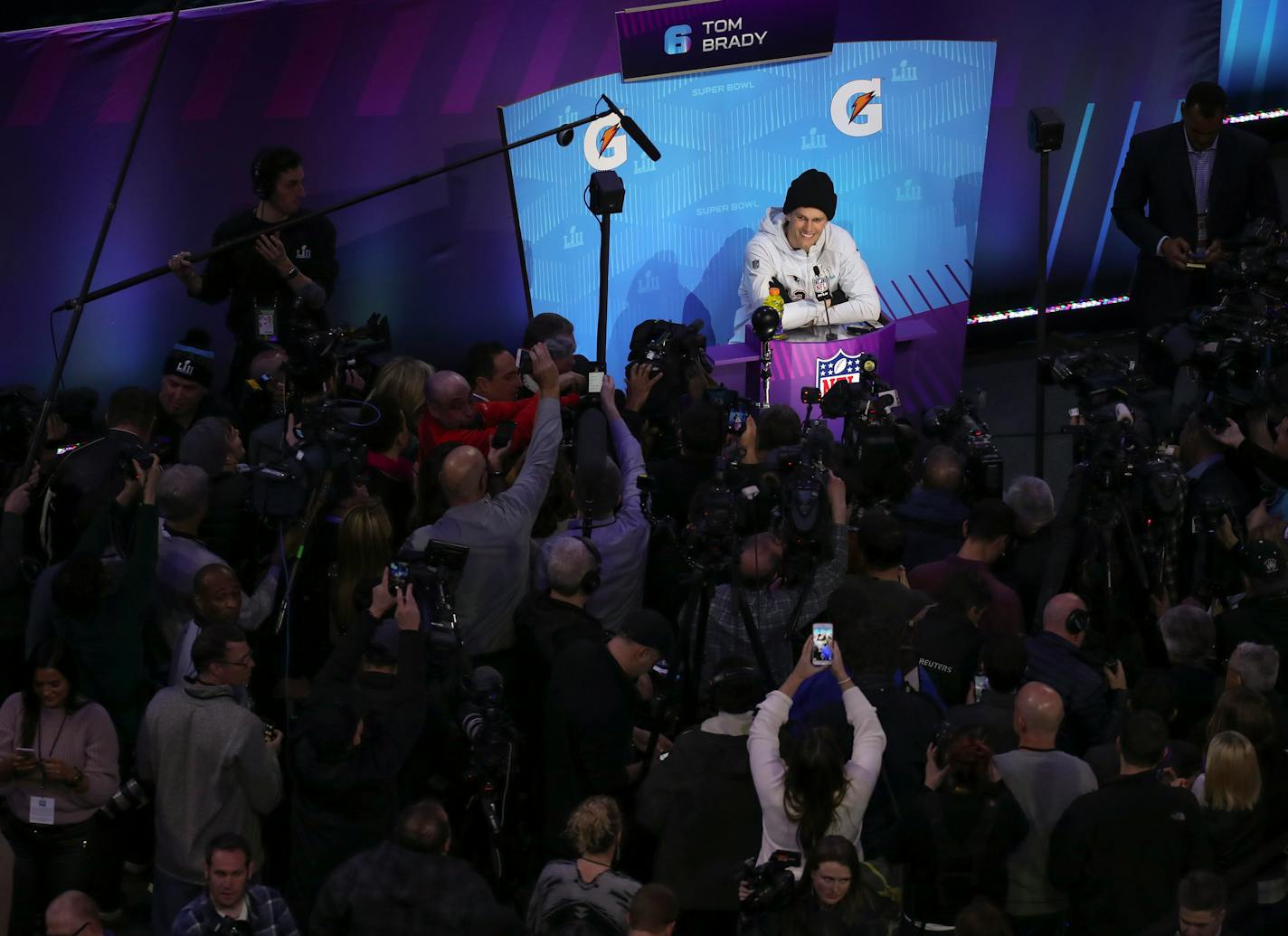 Patriots quarterback Tom Brady had the largest crowd of media around him for his availability. ] JEFF WHEELER ï jeff.wheeler@startribune.com Super Bowl LII Opening Night, with all the players from the Patriots and the Eagles present, kicked off Super Bowl week Monday night, January 29, 2018 at Xcel Energy Center in St. Paul.