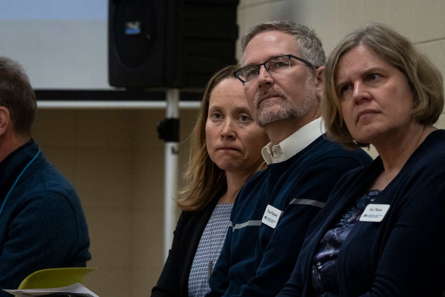 From the left Commissioner of Minnesota Pollution Control Agency Katrina Kessler, Assistant Commissioner for Air and Climate Policy Frank Kohlasch, and Air Assessment Section Manager Kari Palmer during a heated community meeting with the MPCA and the EPA about the Smith Foundry at the Phillips Community Center on Monday, Nov. 27, 2023 in Minneapolis, Minn. ] RENEE JONES SCHNEIDER • renee.jones@startribune.com