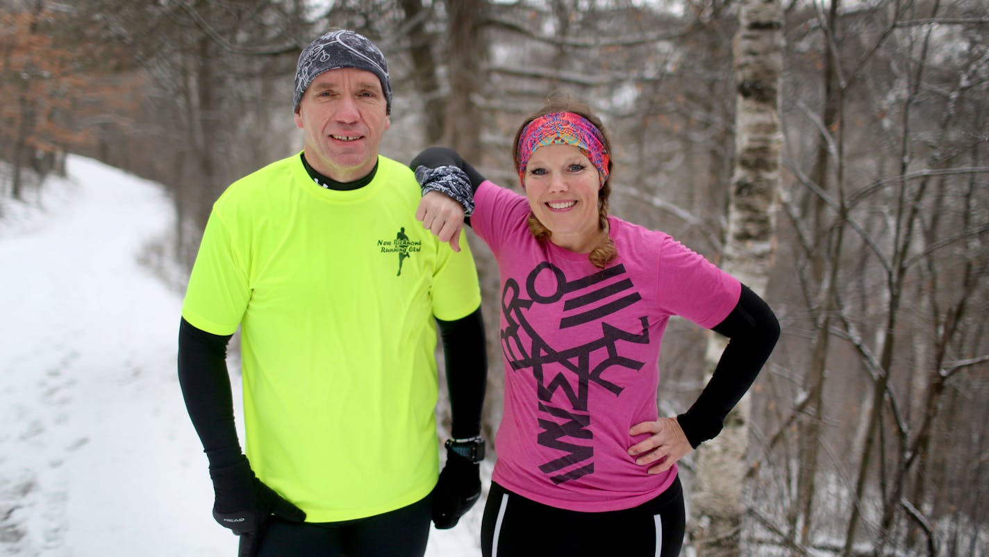 Steph Hoff, right, of Somerset, WI, is an ultrarunner. Dave Wirth of New Richmond is her trusted "pacer". Hoff, 38, and Wirth, 53, met back in 2007 at the New Richmond Running Club, and since then have each shed over one hundred pounds. Hoff, who has done 34 ultra runs and Wirth, who has made three ultra runs, were seen Saturday, March 31, 2018, at Afton State Park in Hastings, MN.] DAVID JOLES &#xef; david.joles@startribune.com Ultrarunners get all the glory, but it pacers -- people who support