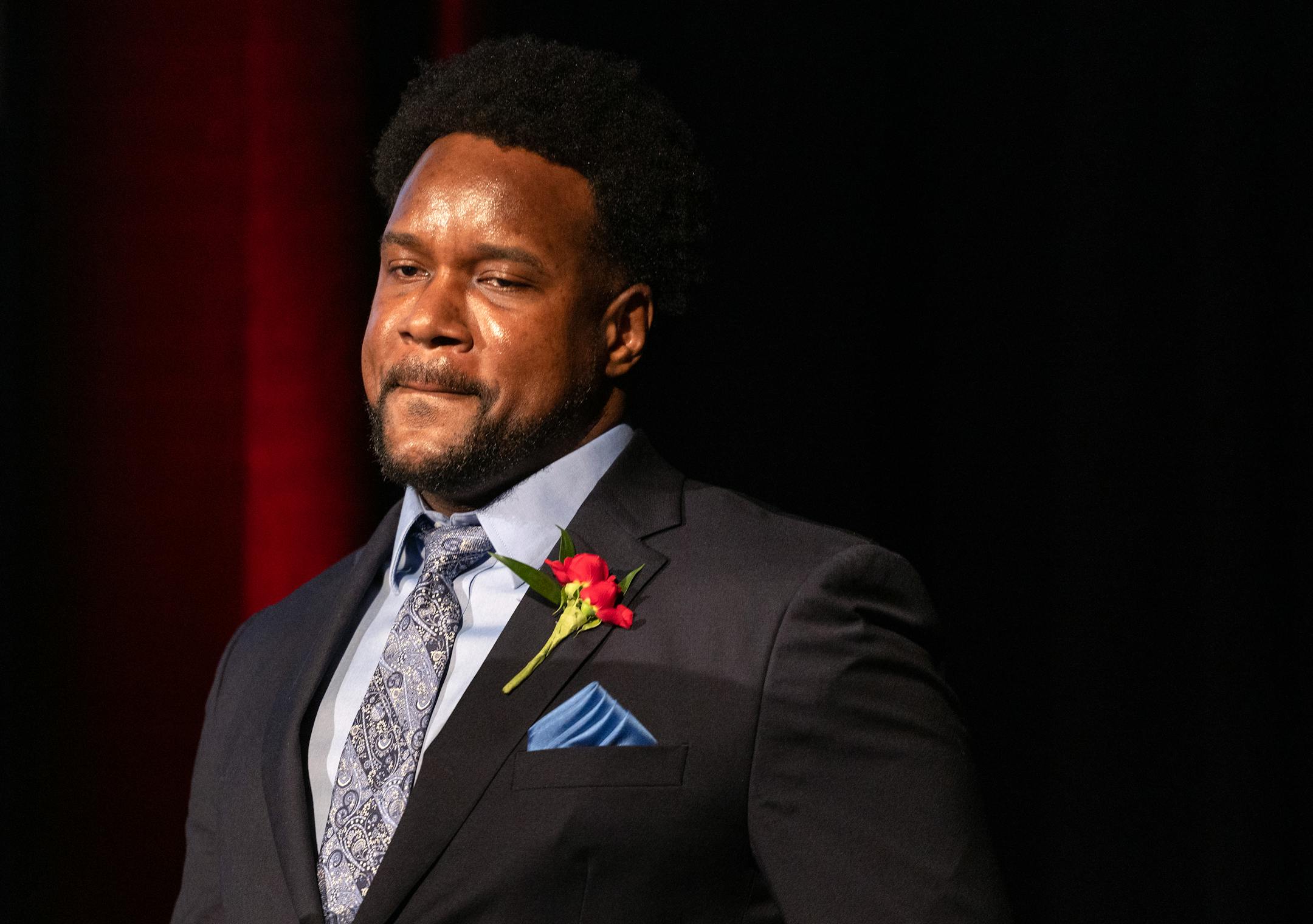 Michael Houston, a mathematics teacher at Harding High School in St. Paul Public School,s prepares to give an acceptance speech after being named 2023 Minnesota Teacher of the Year.