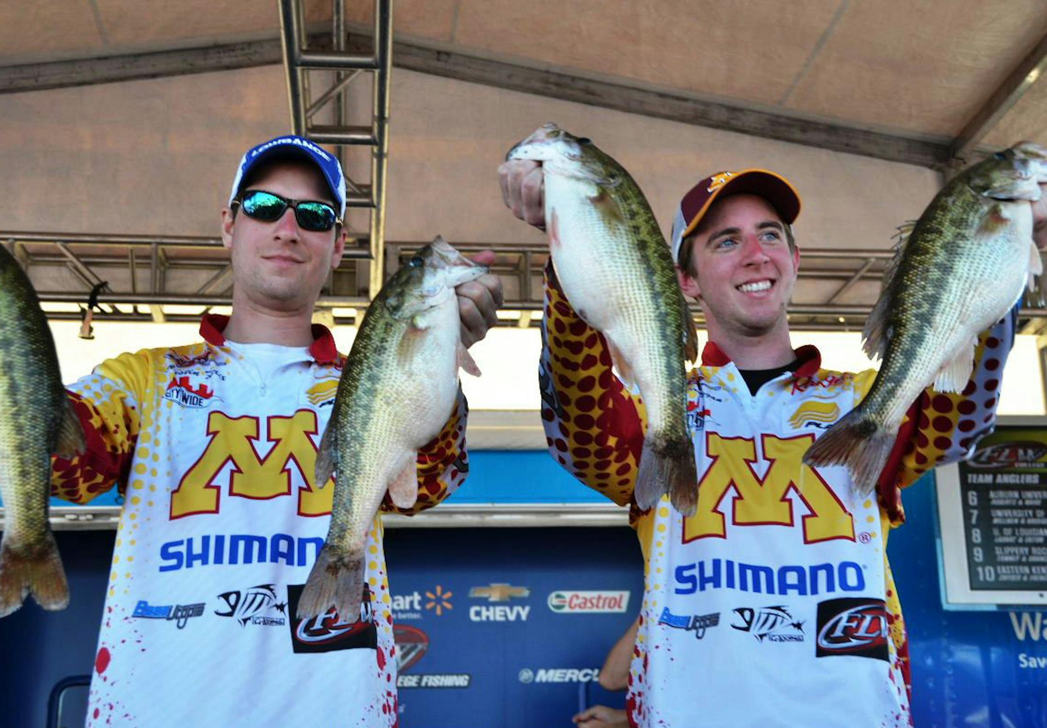 Austin Felix of Eden Prairie (left) and Chris Burgan of Minneapolis (right), both students at the University of Minnesota, won the 2014 FLW College Fishing National Championiship over the weekend at Lake Keowee, S.C., winning a $30,000 boat. FLW photo