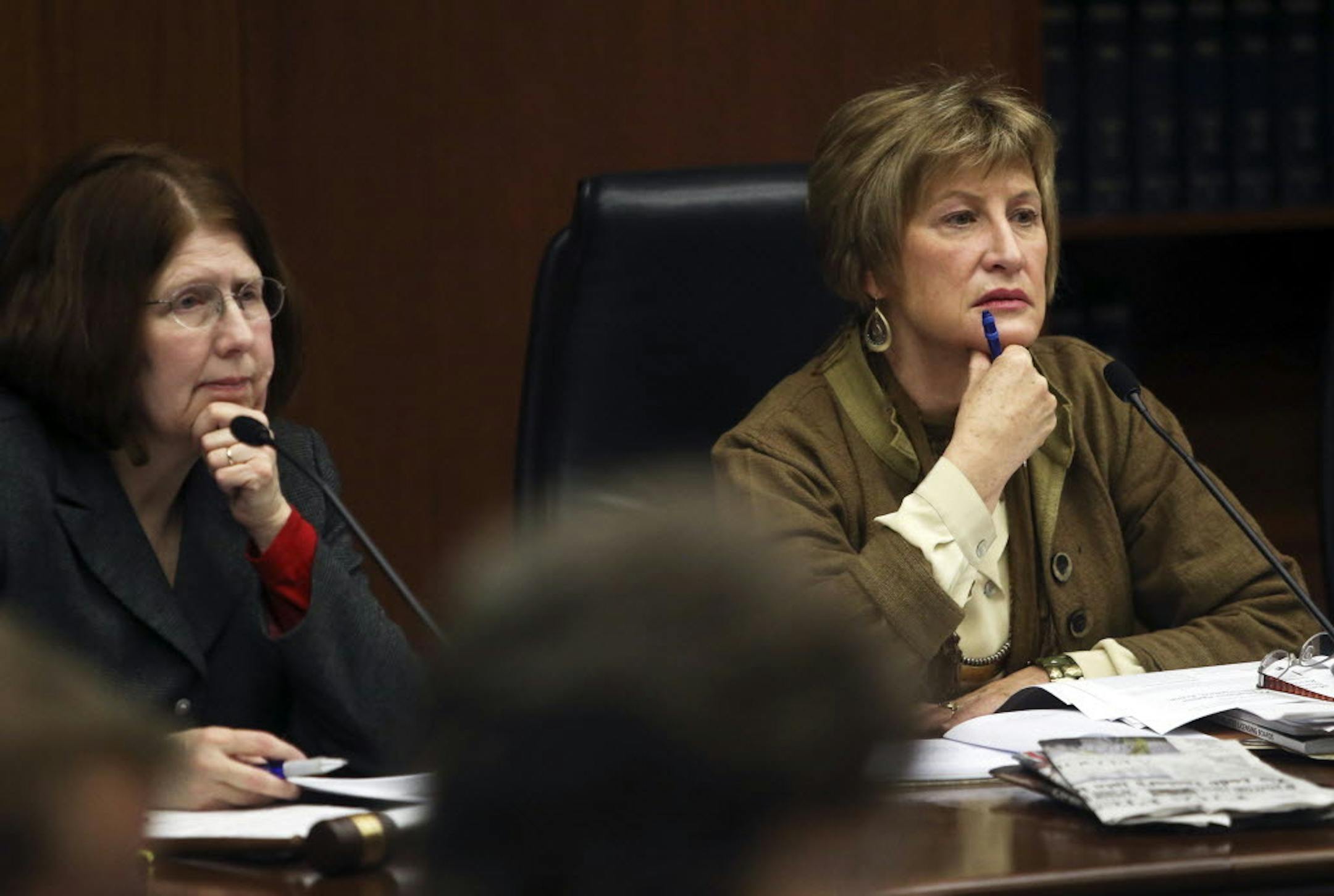 Nov. 13, 2013: Minnesota Senator Kathy Sheran, right, and House member Tina Liebling, left, of the House Health and Human Services Policy Committee and Senate Health, Human Services and Housing Committee listened in during a review of the Board of Nursing's licensing and disciplinary processes.