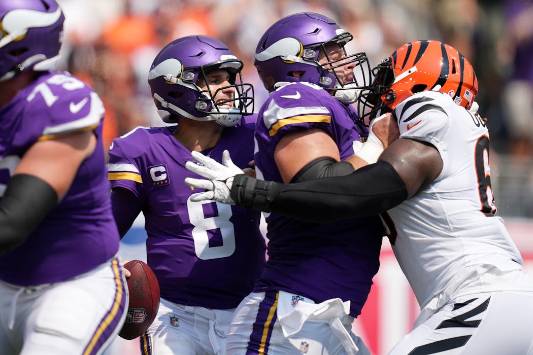 Vikings QB Kirk Cousins had trouble Sunday against Cincinnati, in large part because Garrett Bradbury and Co. couldn’t contain Larry Ogunjobi and Co.