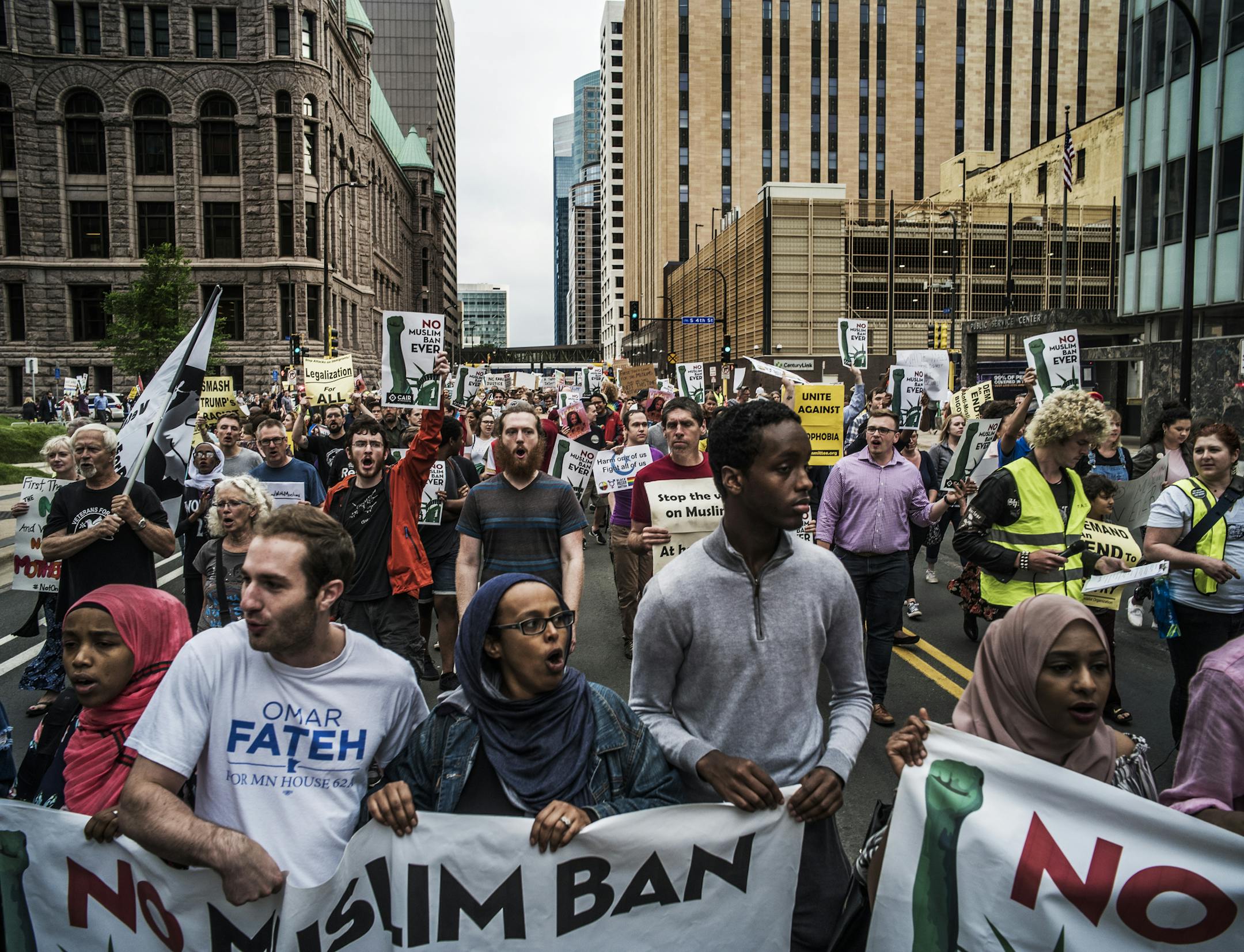 About 500 protesters who started at the Federal Courthouse took to the streets to show their displeasure at the Supreme Court's decision to uphold President Trump's travel ban.].A rally hosted by CAIR-MN and MPower Change in reaction to the Supreme Clourt ruling upholding the muslim travel ban.Richard Tsong-Taatariiïrtsong-taatarii@startribune.com