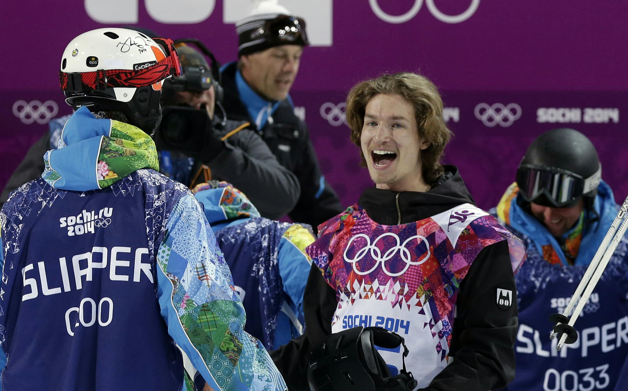 Switzerland's Iouri Podladtchikov celebrates after his half pipe run during the men's snowboard halfpipe final at the Rosa Khutor Extreme Park, at the 2014 Winter Olympics, Tuesday, Feb. 11, 2014, in Krasnaya Polyana, Russia. Podladtchikov won the gold medal. (AP Photo/Andy Wong)