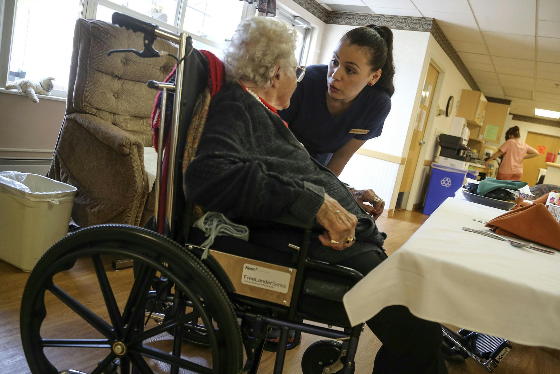 Esmeralda Reyes is a 25-year-old who received job training through Minnesota's FastTRAC adult job training program. The White House cited the program as an example of how to train unemployed or underemployed adults. Esmeralda used the program to become a Certified Nursing Assistant and is now using its services to train as a Licensed Practical Nurse. She was seen Tuesday, July 29, 2014, working with resident Gladys Slight, who is 101 years old and a resident of St. Gertrude's Health Center in Sh