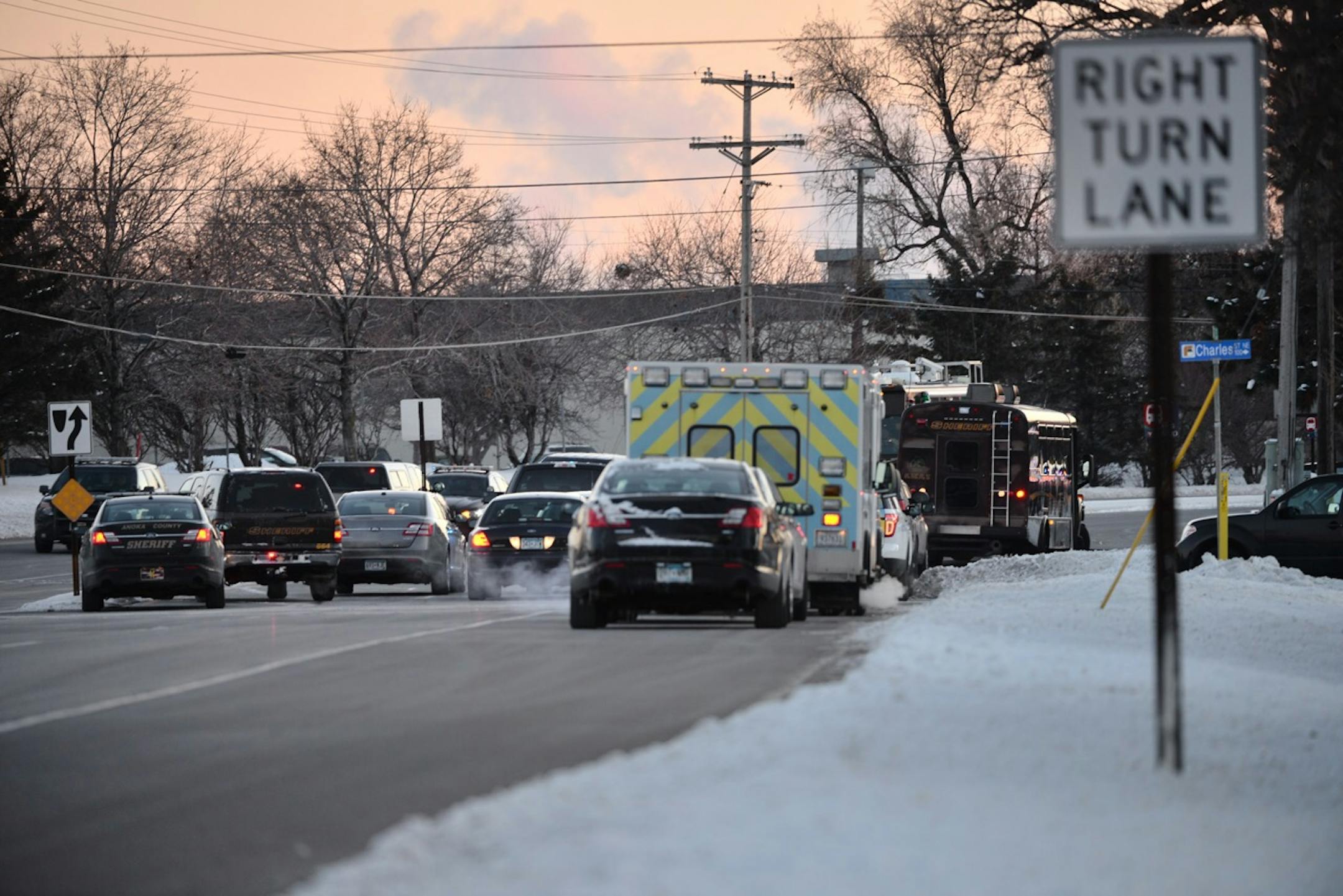 The scene of a police standoff with an armed suspect in Fridley on Tuesday.