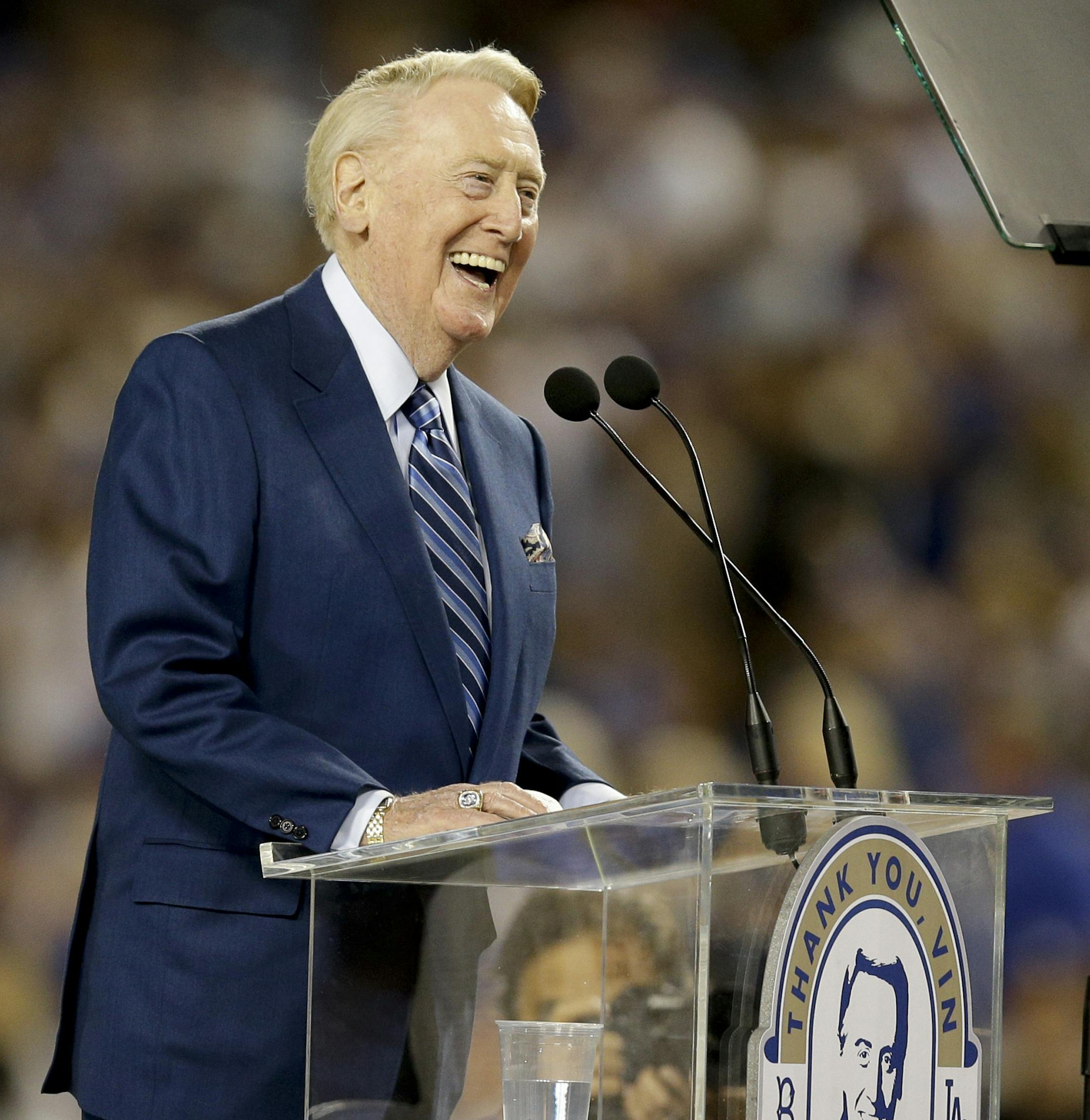 Hall of Fame Los Angeles Dodgers broadcaster Vin Scully speaks during Vin Scully Appreciation Day before the team's baseball game against the Colorado Rockies, Friday, Sept. 23, 2016, in Los Angeles. Scully's final game at Dodger Stadium will be Sunday. (AP Photo/Jae C. Hong)