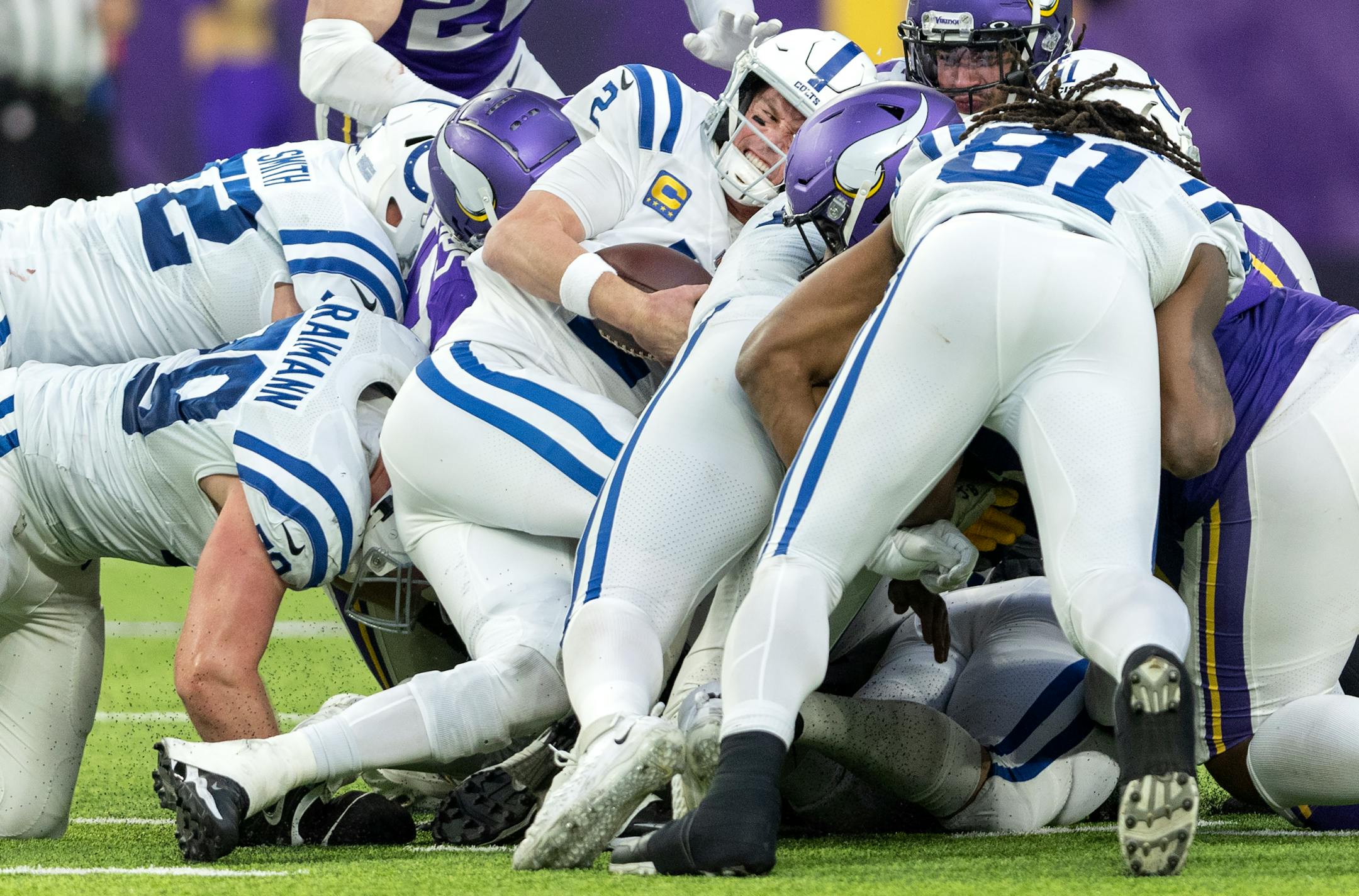 Indianapolis Colts quarterback Matt Ryan (2) is stopped on fourth down in the fourth quarter Saturday, December 17, 2022, at U.S. Bank Stadium in Minneapolis, Minn. ] CARLOS GONZALEZ • carlos.gonzalez@startribune.com.