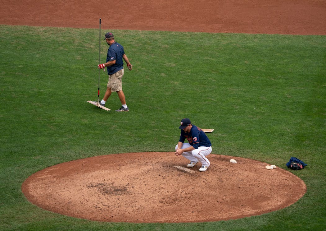 Twins pitcher Jake Odorizzi took a moment to himself out on the mound after the Twins lost to the Astros in Game 2 of the 2020 wild-card series at Target Field.