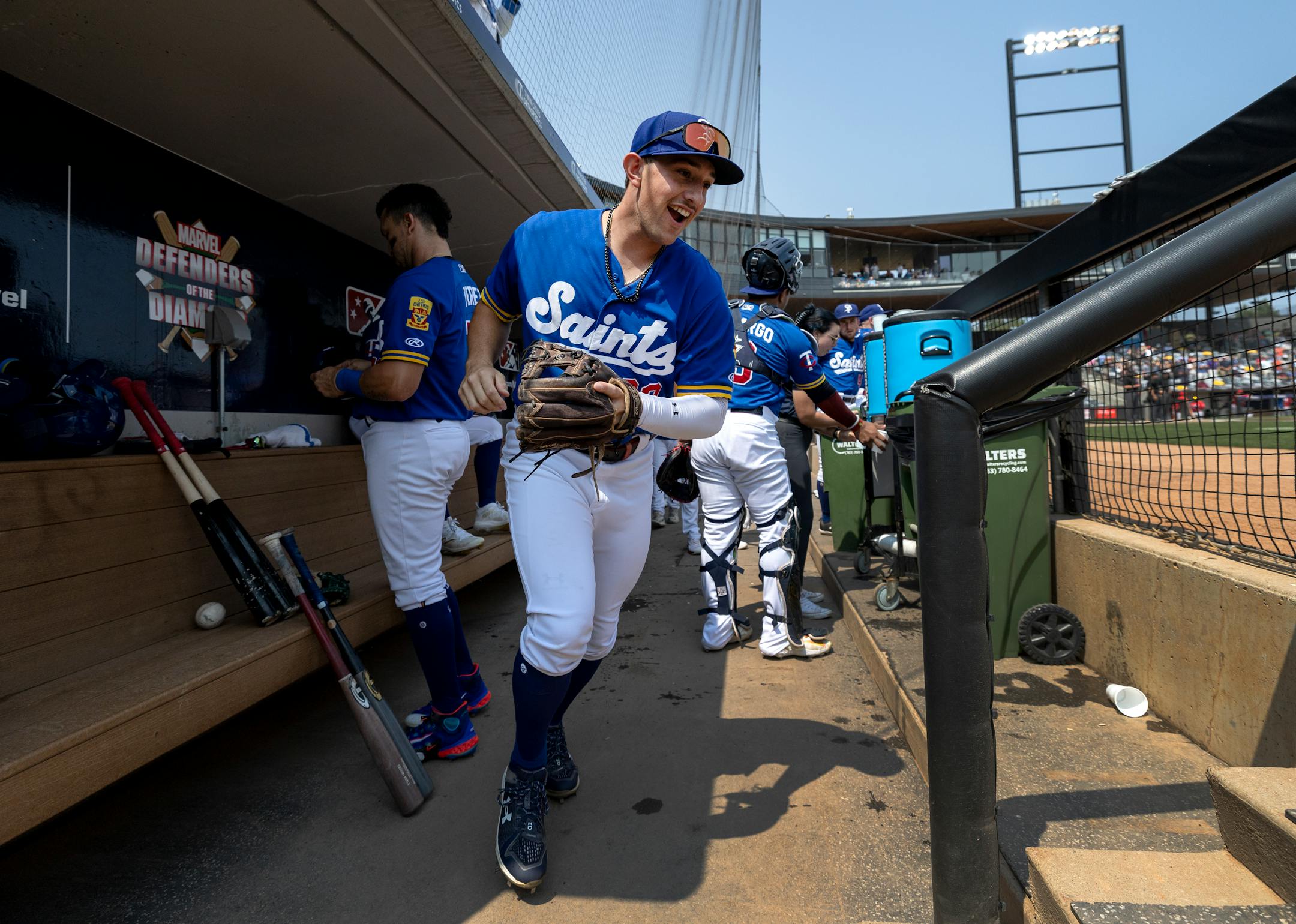 St. Paul Saints infielder Brooks Lee runs out on the field Wednesday, August 9, 2023, at CHS Field in St. Paul, Minn.