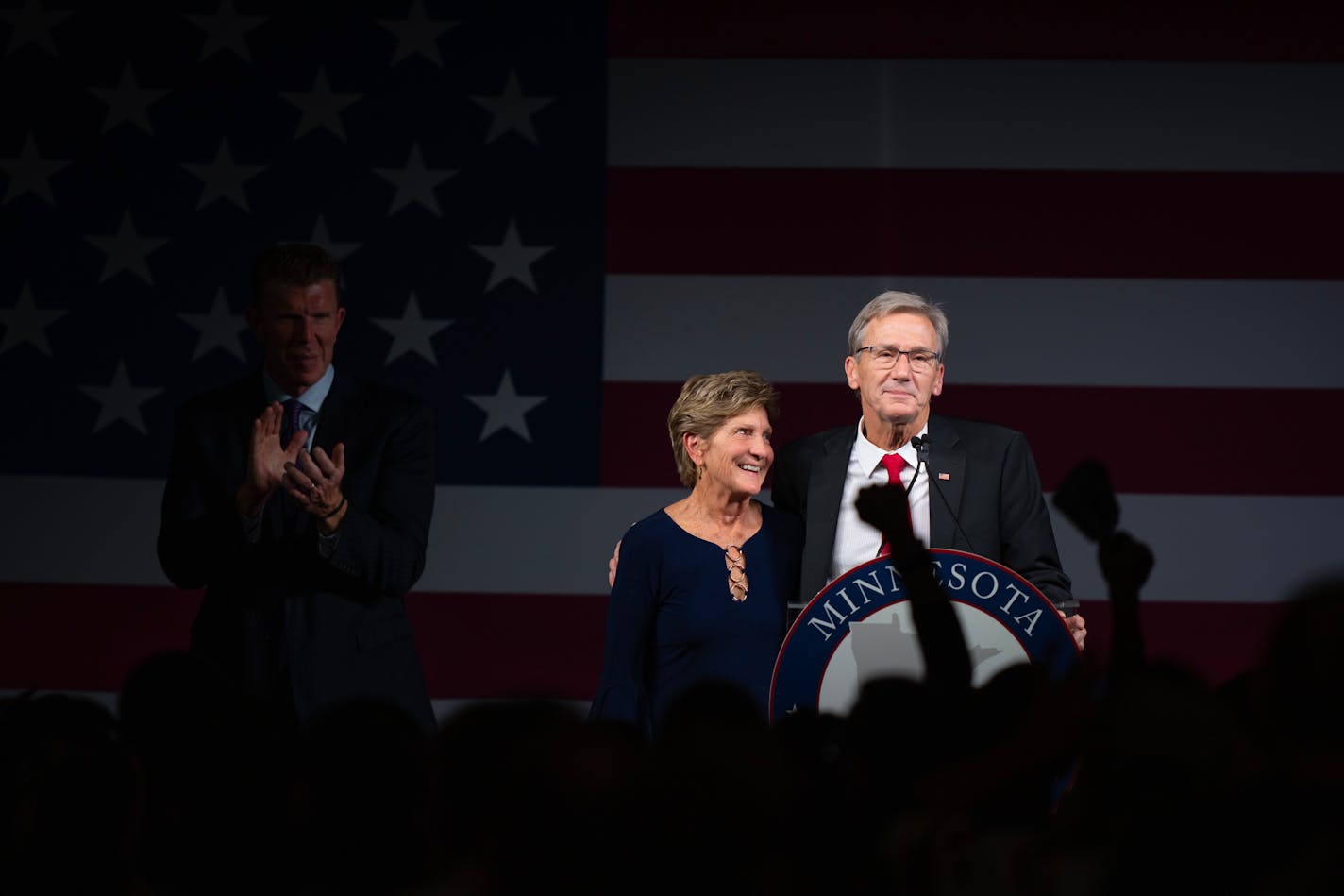 Republican candidate for governor Scott Jensen, with his wife, Mary, and his running mate Matt Birk at his side, addressed the crowd in a speech that fell short of a concession in his race against Gov. Tim Walz Tuesday night, Nov. 8, 2022 at the Minnesota Republican Party election night headquarters gathering at the Doubletree Hilton in St. Louis Park, Minn. ] JEFF WHEELER • Jeff.Wheeler@startribune.com