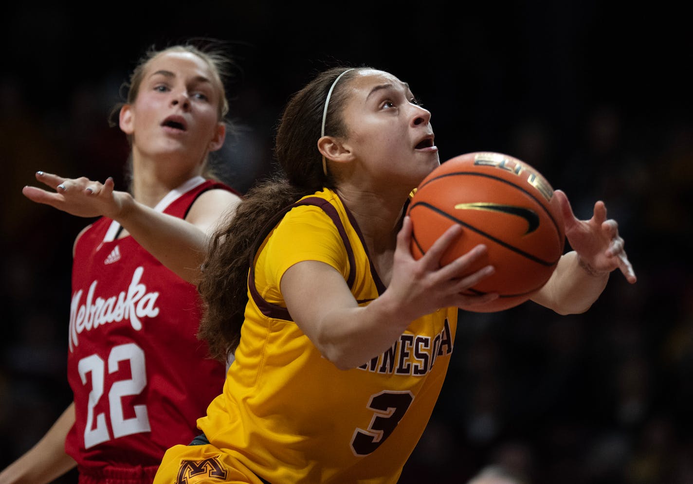 Minnesota Golden Gophers guard Amaya Battle (3) made a layup over Nebraska Cornhuskers forward Natalie Potts (22) in the first half at Williams Arena Sunday January ,14 2024 in, Minneapolis ,Minn. ] JERRY HOLT • jerry.holt@startribune.com