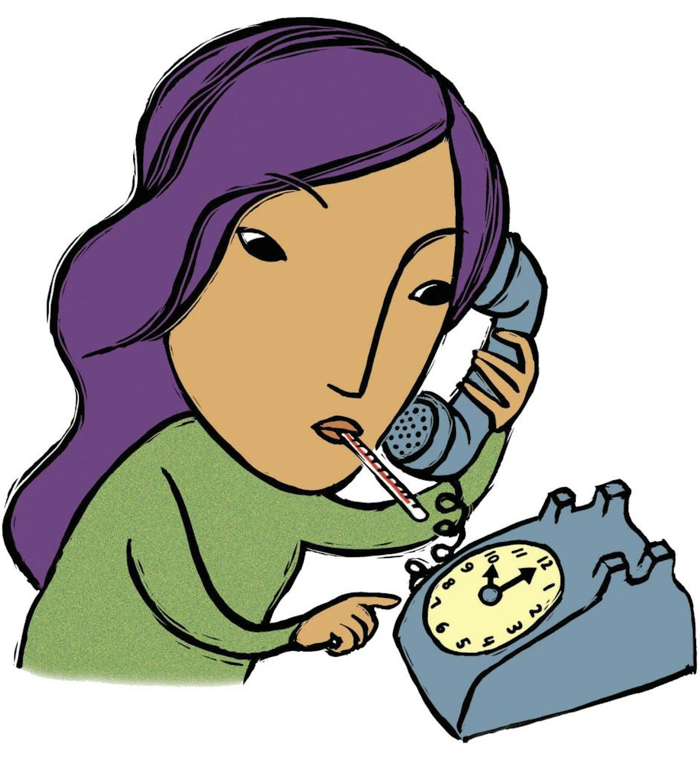 300 dpi 3 col x 6.25 in / 146x159 mm / 497x540 pixels Michelle Kumata color illustration of a woman with a thermometer in her mouth making a phone call. The Seattle Times 2005 <p> KEYWORDS: doctor phone call calling schedule scheduling appointments health care fever illness appointment krthealthmed krtnational national krtworld world krtcoldflu krthealth krtmedicine medicine medical krt aspecto aspectos illustration ilustracion grabado salud fiebre calentura telefono llamar llamada medico medici