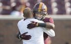 Gophers Coach P.J. Fleck hugged running back Rodney Smith before the Gophers faced Buffalo in the 2017 season opener.