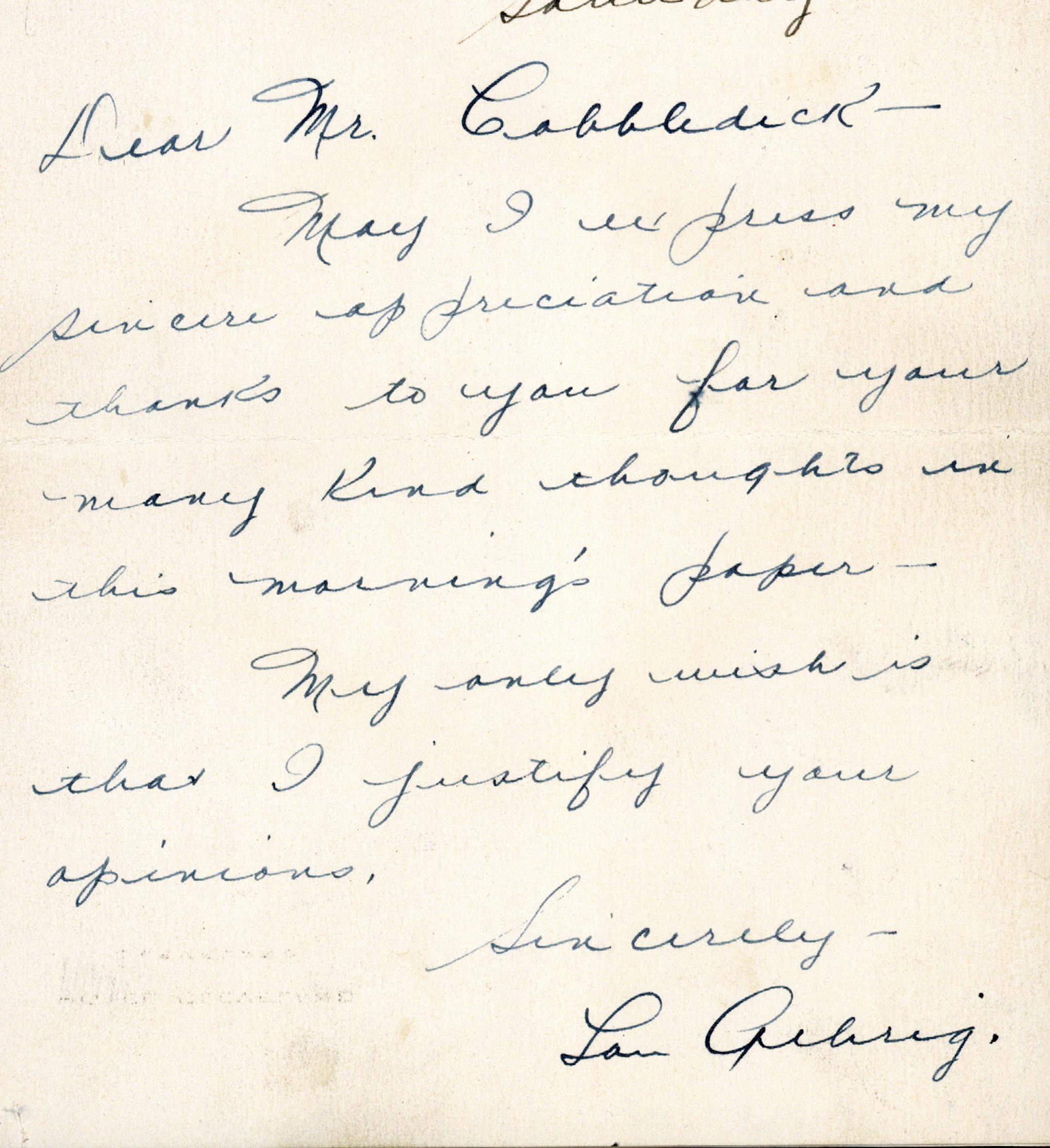 This image provided by the Baseball Hall of Fame shows at letter written by Lou Gehrig on Hotel Cleveland stationary to sportswriter Gordon Cobbledick. In years gone by, penmanship helped distinguish the literate from the illiterate. But now, in the digital age, people are increasingly communicating by computer and smartphone. No handwritten signature necessary. Cursive writing is not being taught in many schools as some 45 states have adopted Common Core standards, which have eliminated the tea