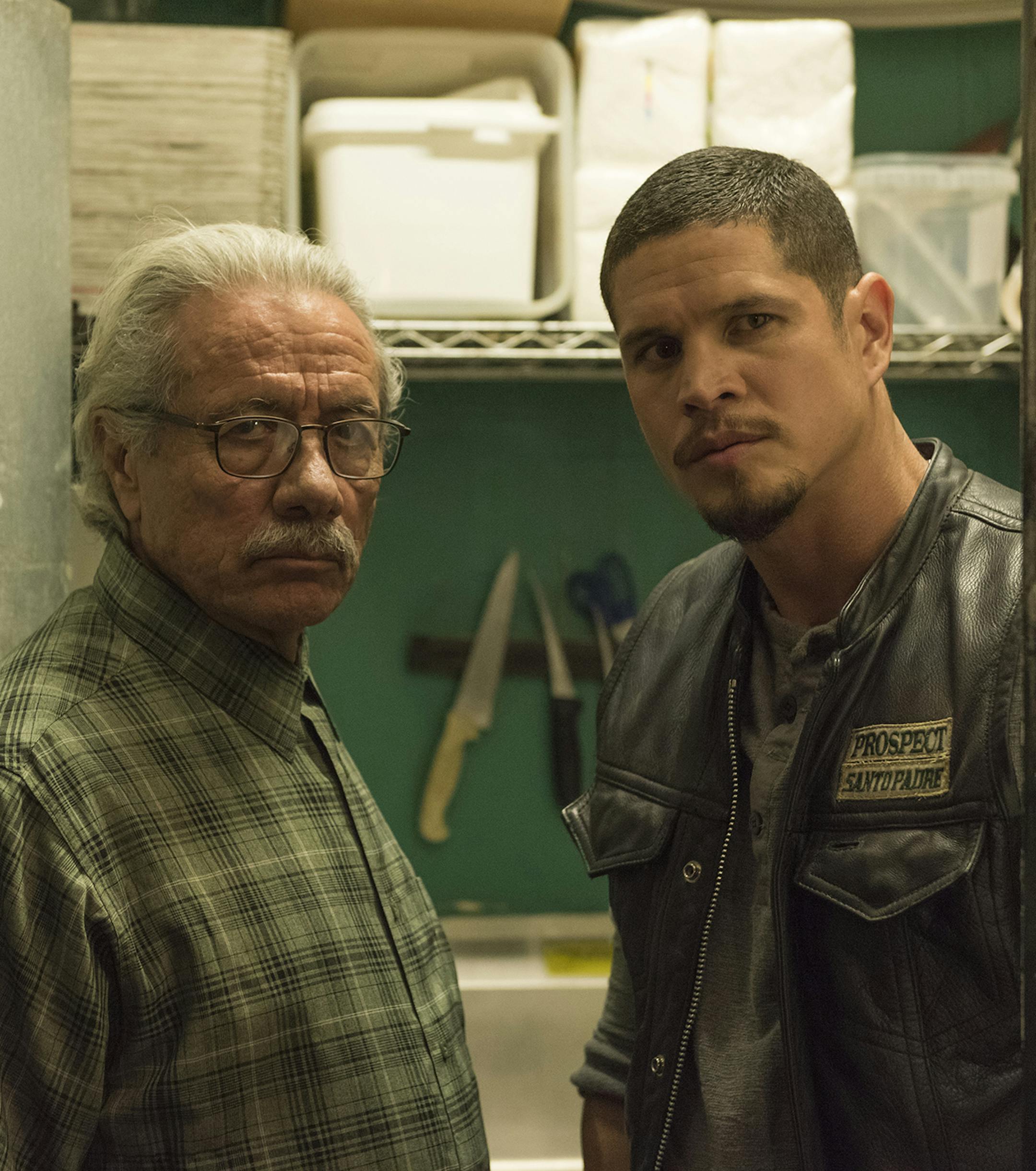 MAYANS M.C. -- Pictured: Edward James Olmos as Felipe Reyes, JD Pardo as EZ Reyes. CR: Prashant Gupta/FX
