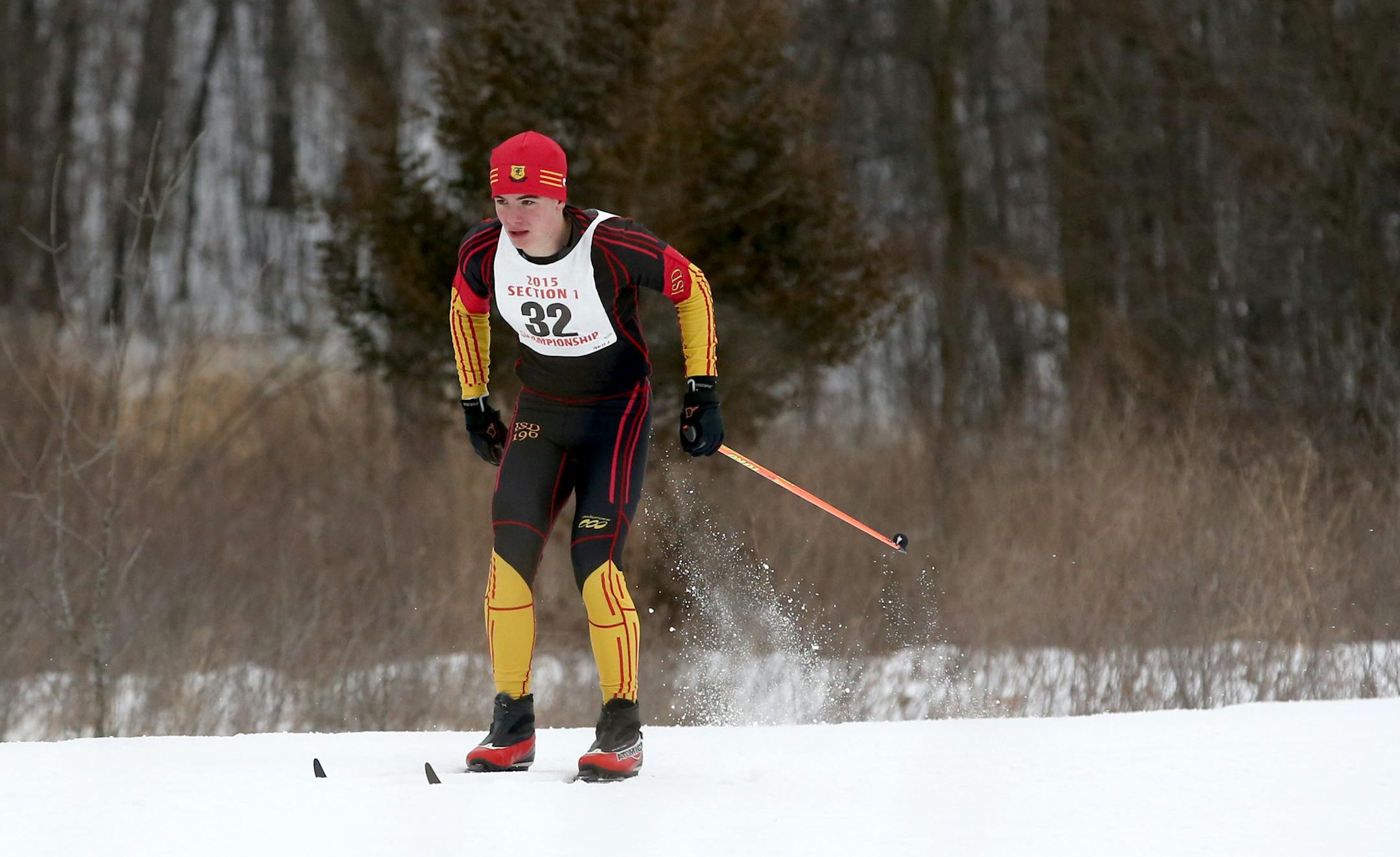 Patrick Acton, of Eagan, propelled himself on one of the straightways. ] (KYNDELL HARKNESS/STAR TRIBUNE) kyndell.harkness@startribune.com The Section 1 Nordic ski race Hyland Park Reserve in Bloomington Min., Tuesday, February 3, 2015.