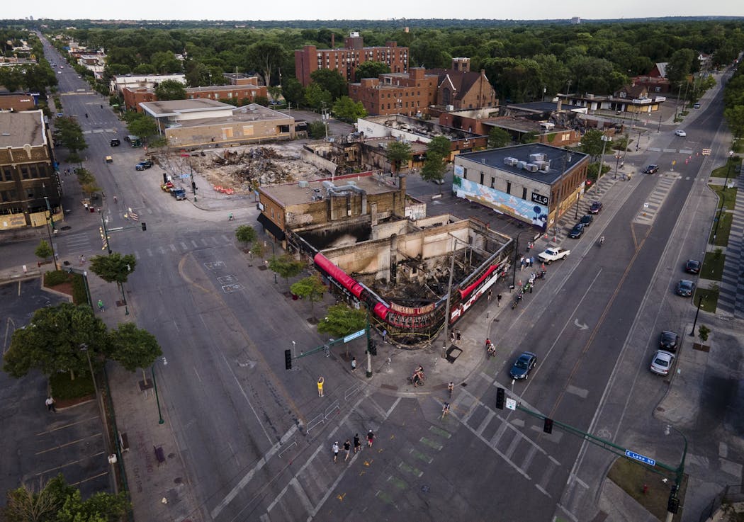 The Lake Street and Minnehaha Avenue intersection near the Minneapolis police's Third Precinct station. Numerous business in the area, including Minnehaha Liquor, AutoZone, GM Tobacco, El Nuevo Rodeo, Mama Safia's, were burned down during the unrest.