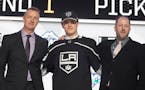 Los Angeles Kings pick Alex Turcotte poses during the first round of the NHL draft at Rogers Arena in Vancouver