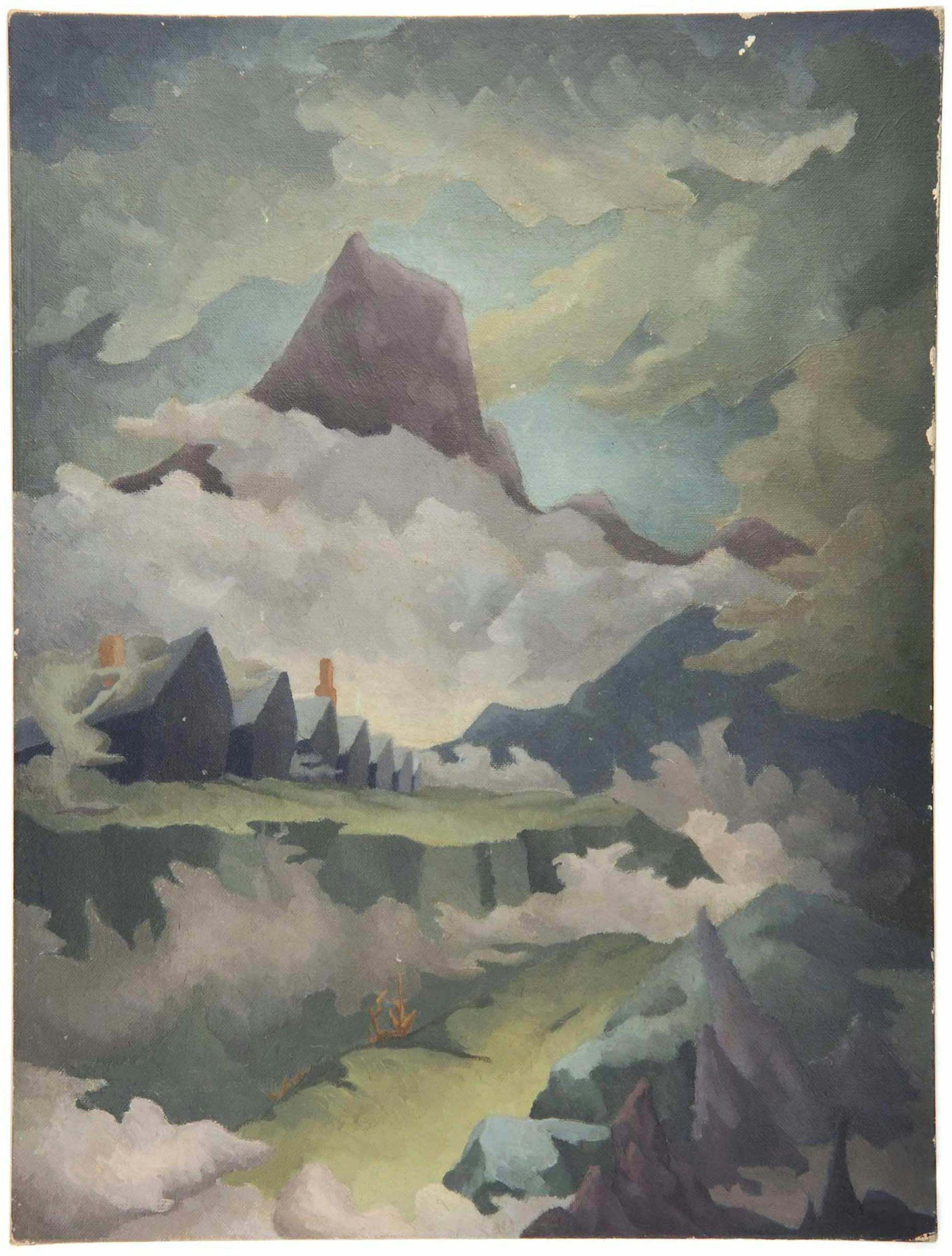 This undated image provided by the Buffalo Bill Historical Center shows a painting of the Heart Mountain Relocation Center and the iconic mountain that fascinated many who were held there in Wyoming during World War II. The painting is part of a collection of works by internees, which includes wood carvings, paintings and embroideries, among other historic pieces, that went on display recently at the Buffalo Bill Historical Center in Cody, Wyo. (AP Photo/Provided by Buffalo Bill Historical Cente