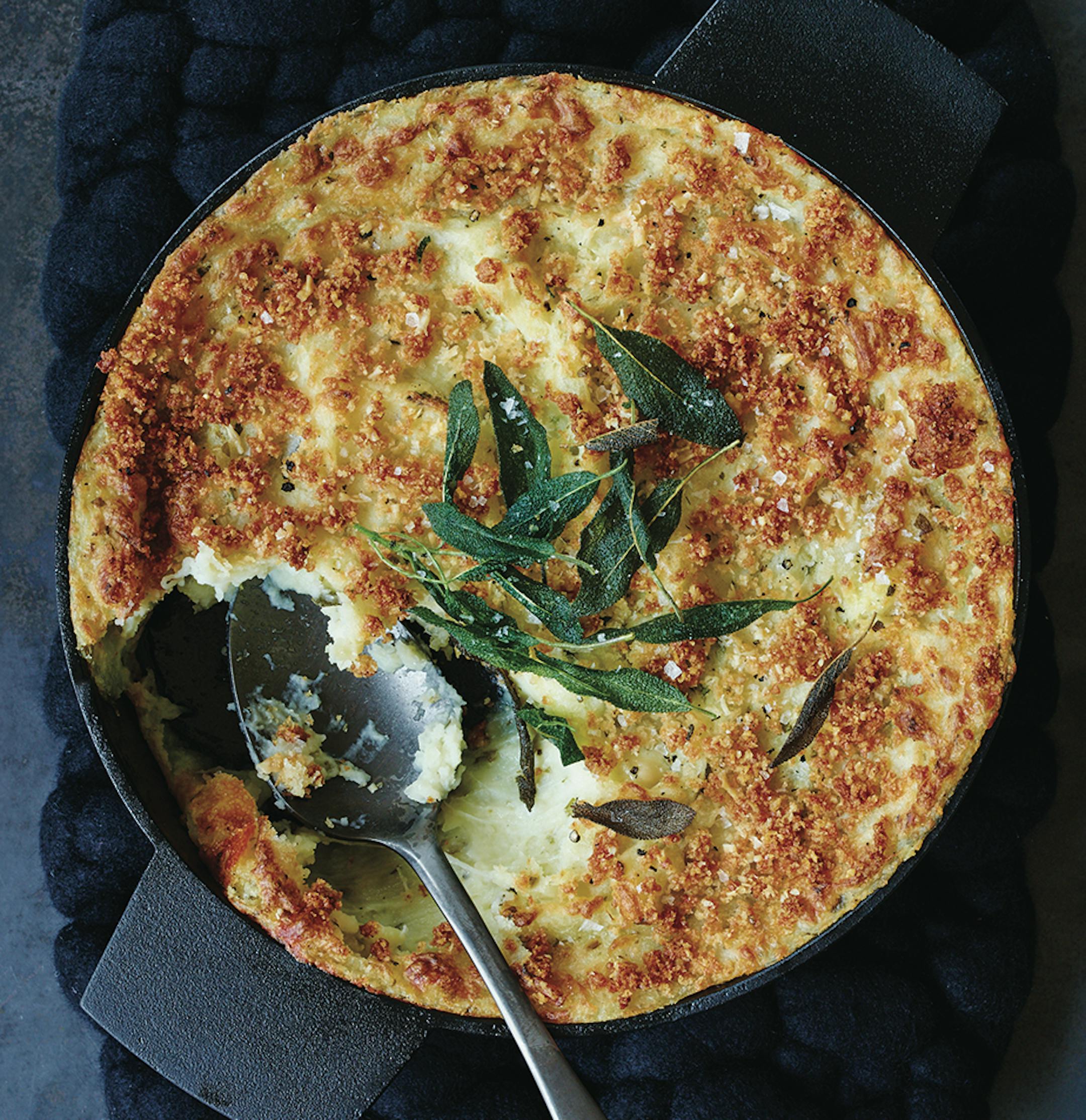Mashed Potato Casserole with Sage and Fontina + A151214 Food & Wine + Melissa Clark Thanksgiving 2015