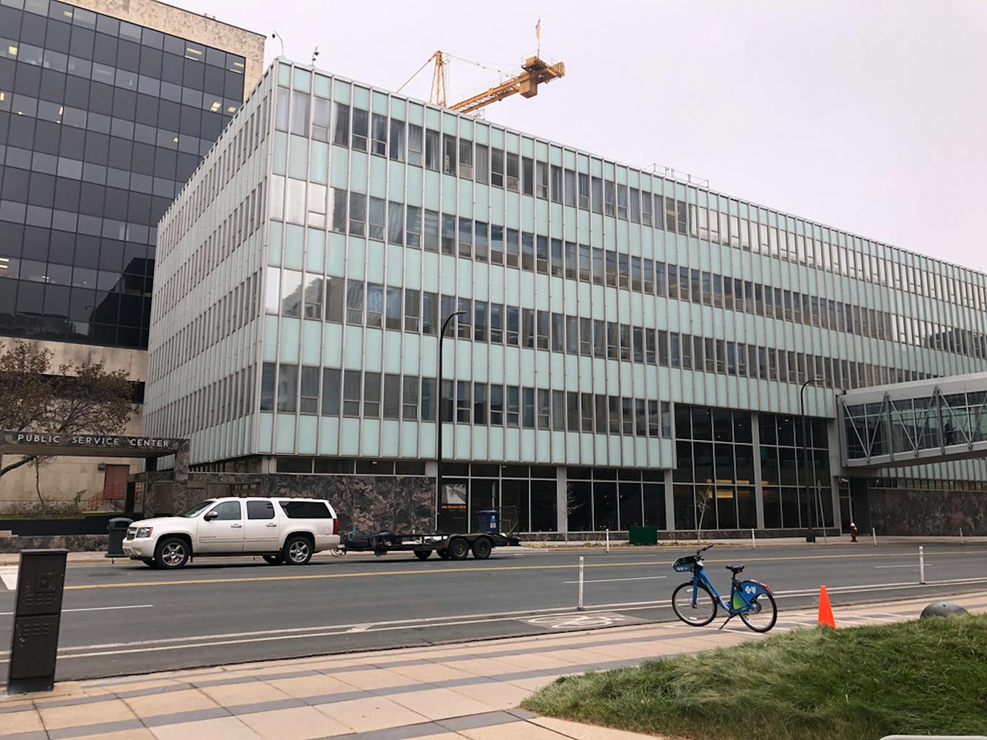 The Public Service Center has light turquoise colored glass.