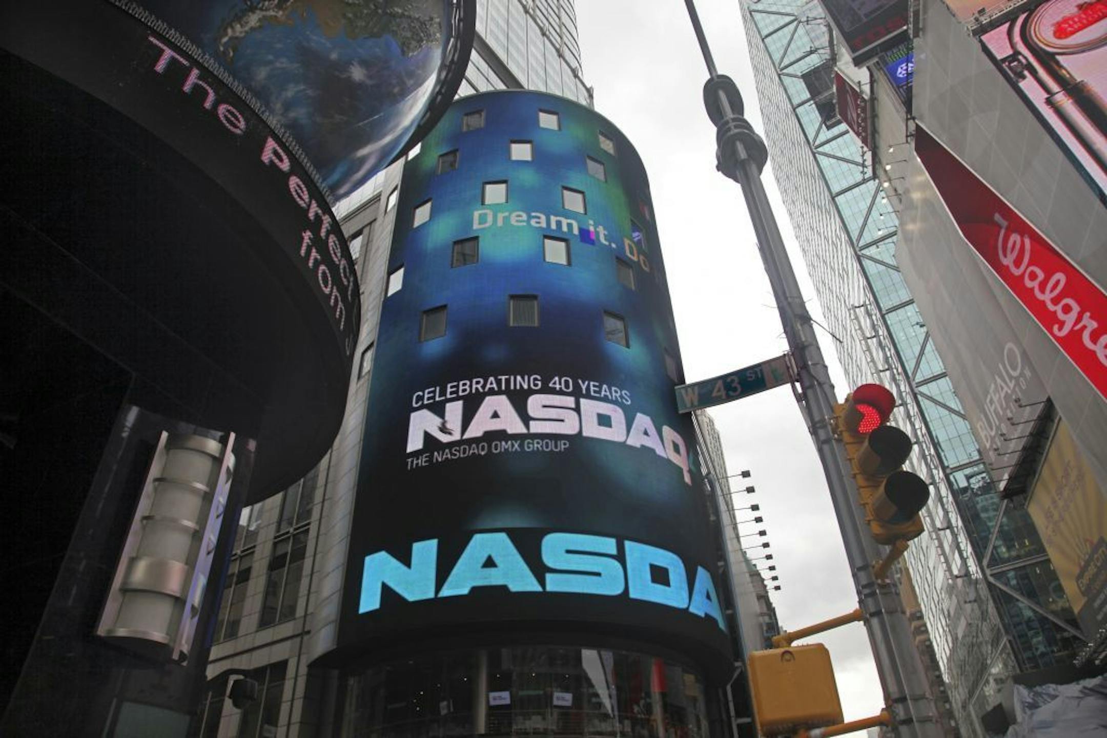 NASDAQ Stock Market site building in Times Square, New York.