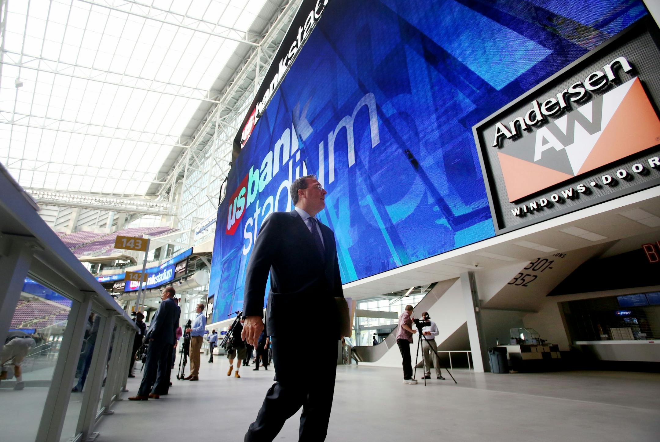 The Vikings Lester Bagley, executive vice president of public affairs and stadium development, near one of the stadiums giant video monitors during a media tour Tuesday, July 19, 2016, at U.S. Bank Stadium in Minneapolis, MN.