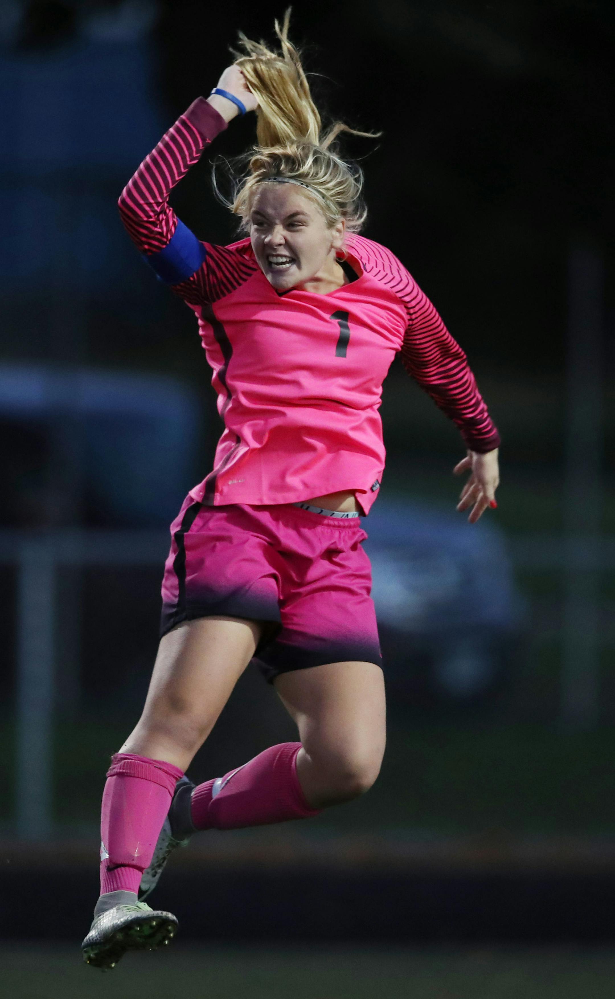 Eagan High goal keeper Megan Plaschko celebrated her team's 2-1 win over Rosemount during Class 2A, Section 3 championship at Burnsville High School High School Tuesday October 17,2017 in Burnsville, MN. ] JERRY HOLT ï jerry.holt@startribune.com
