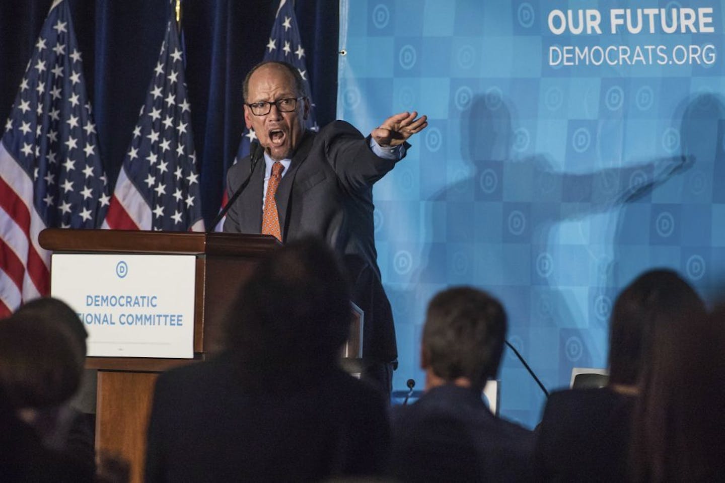 Newly elected Democratic National Committee Chairman Tom Perez gives a victory speech during the general session of the DNC winter meeting in Atlanta, Saturday, Feb. 25, 2017. Perez picked runner-up Ellison to be deputy chairman.