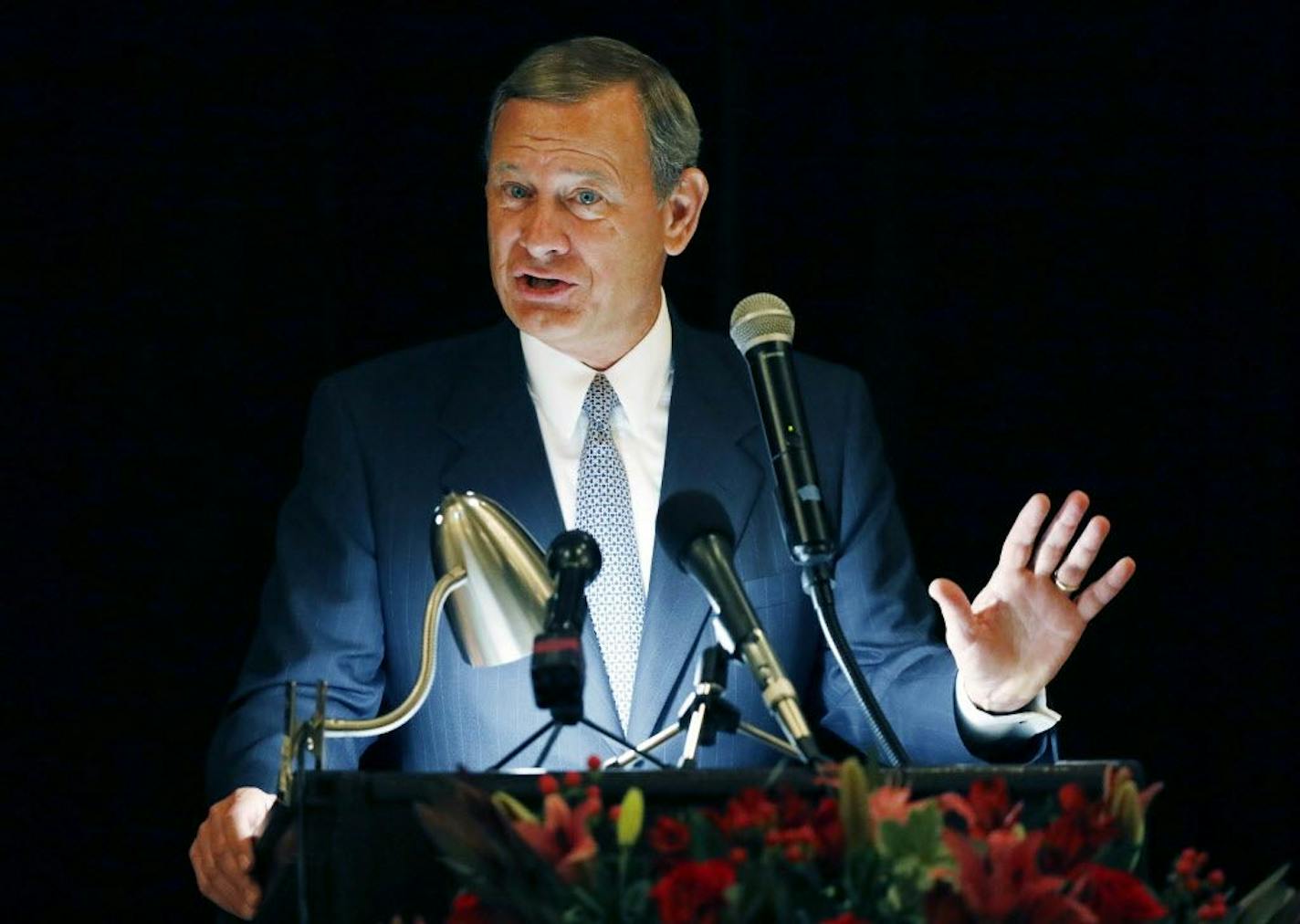 FILE - In this Sept. 27, 2017 file photo, Chief Justice John Roberts speaks during the Bicentennial of Mississippi's Judiciary and Legal Profession Banquet in Jackson, Miss. Roberts is pushing back against President Donald Trump's description of a judge who ruled against the administration's new asylum policy as an "Obama judge." It's the first time that the leader of the federal judiciary has offered even a hint of criticism of Trump, who has previously blasted federal judges who ruled against