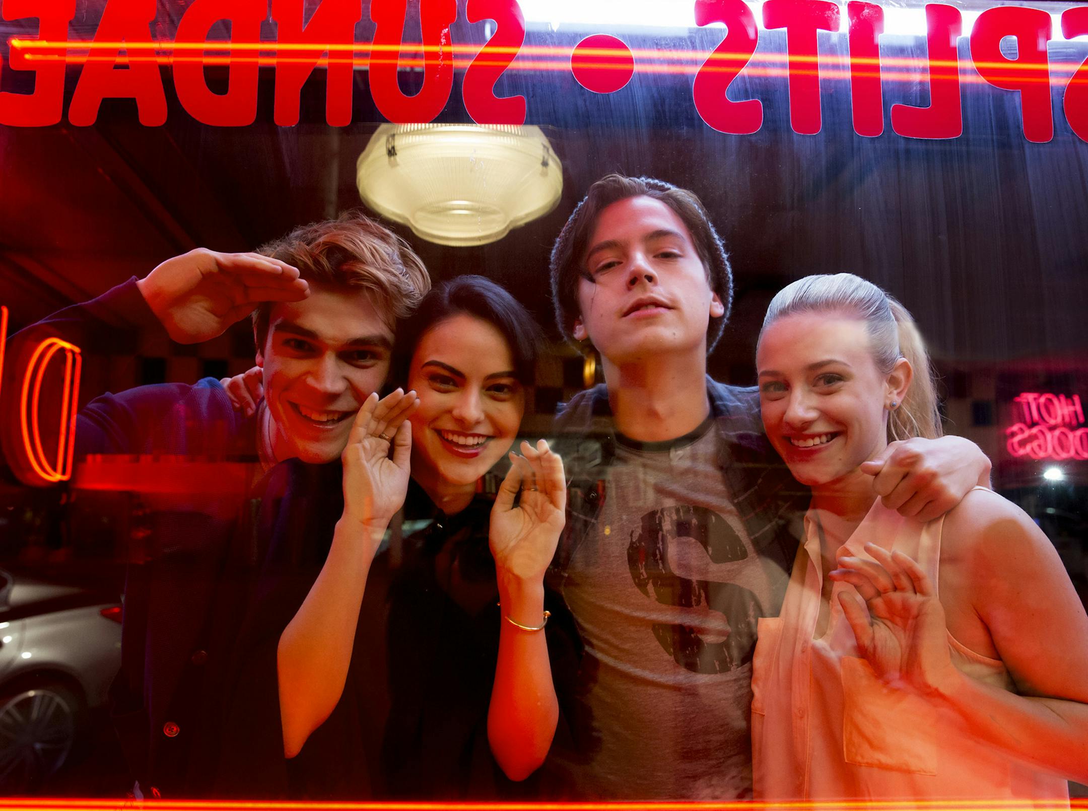 From left, KJ Apa as Archie, Camila Mendes as Veronica, Cole Sprouse as Jughead and Lili Reinhart as Betty in “Riverdale.”