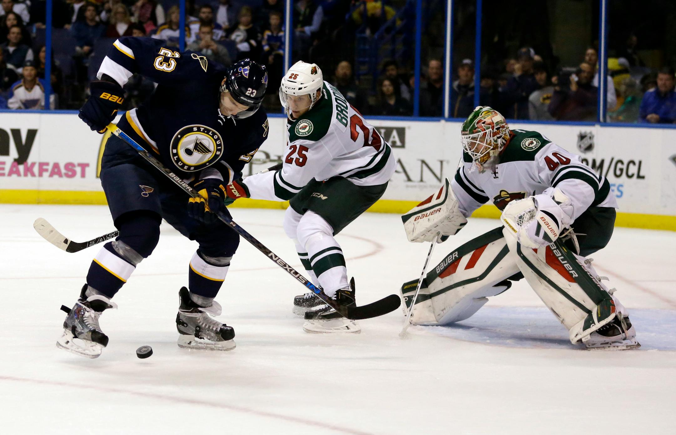 St. Louis Blues' Dmitrij Jaskin (23), of Russia, tries to control the puck as Minnesota Wild's Jonas Brodin (25), of Sweden, and goalie Devan Dubnyk defend during the second period of an NHL hockey game Saturday, Oct. 31, 2015, in St. Louis. (AP Photo/Jeff Roberson)