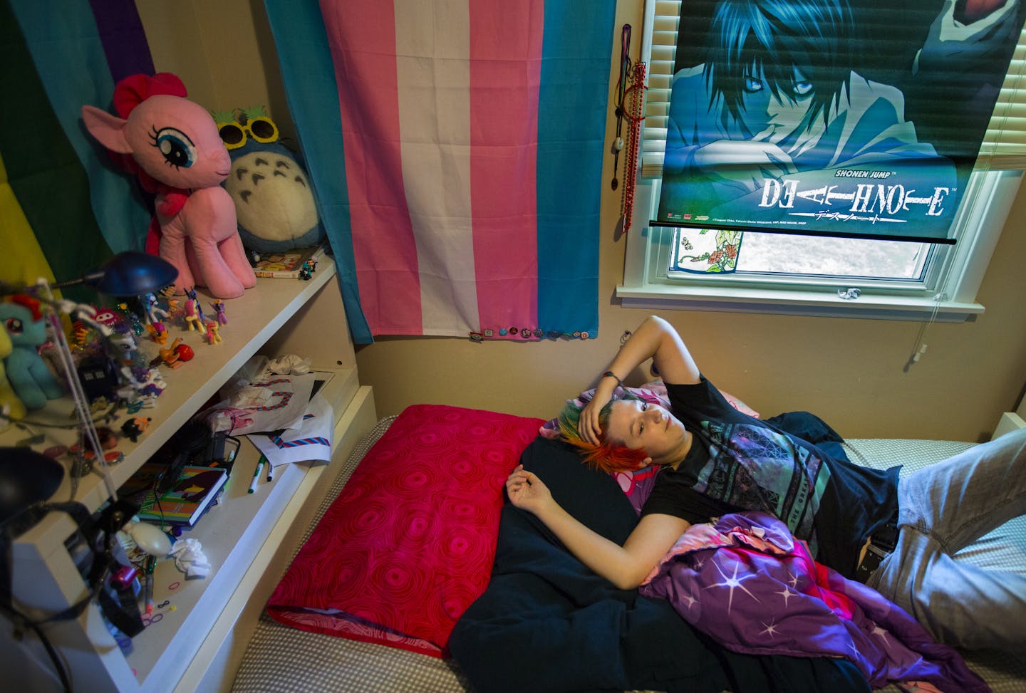 12-year-old George Dunkelberger at home in his room. George is transgender. ] . Their insurance company was at first unwilling to cover medication to delay puberty for George, but they eventually won. Brian.Peterson@startribune.com Minneapolis, MN - 7/20/2015