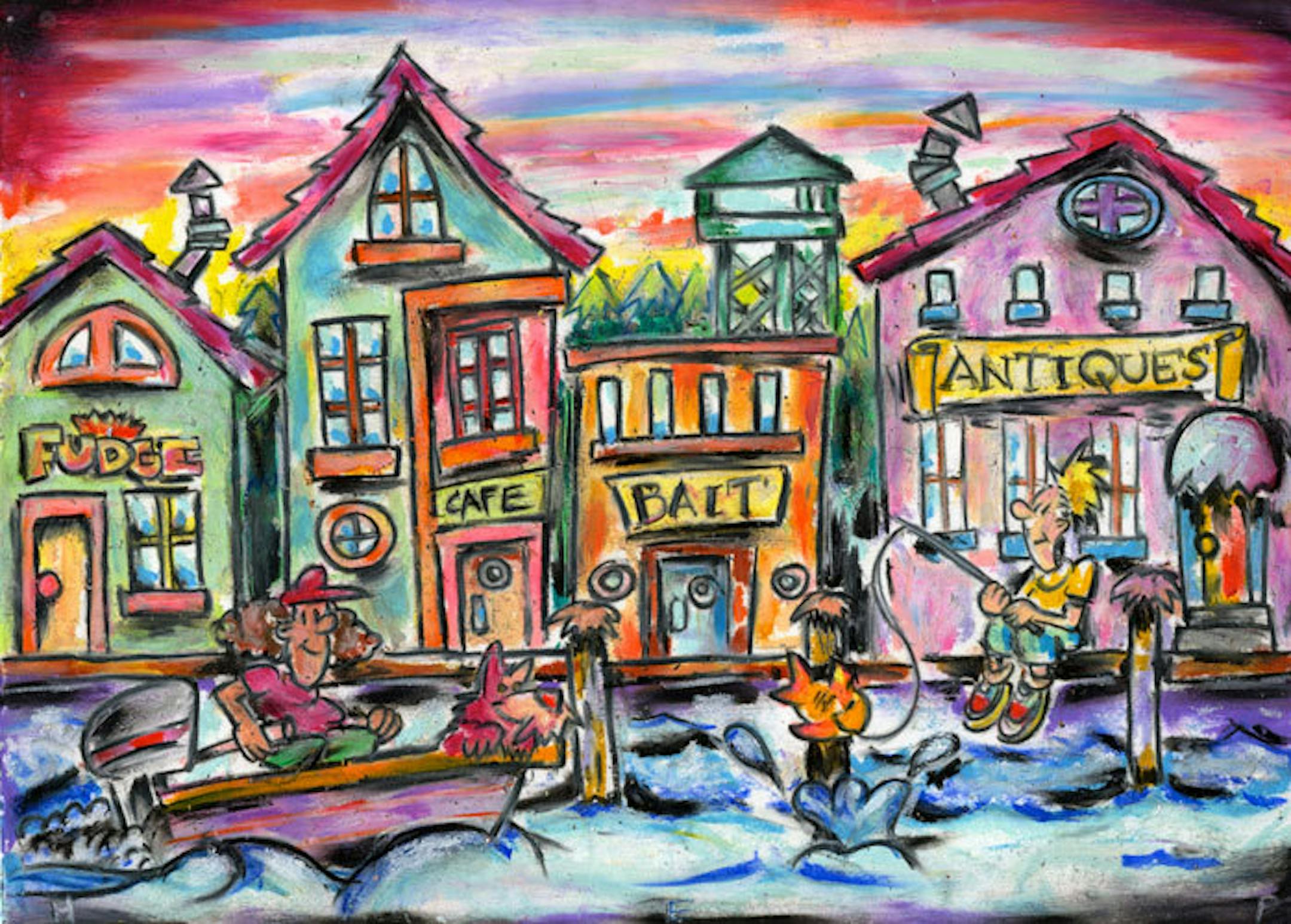 Oil pastels painting by Harry Pulver Jr. commissioned by the Plymouth Arts Council for Plymouth Reads. (The artwork reflects the four seasons and different times of day. He read the book beforehand and tried to make the imagery dovetail with some aspects of the book.)