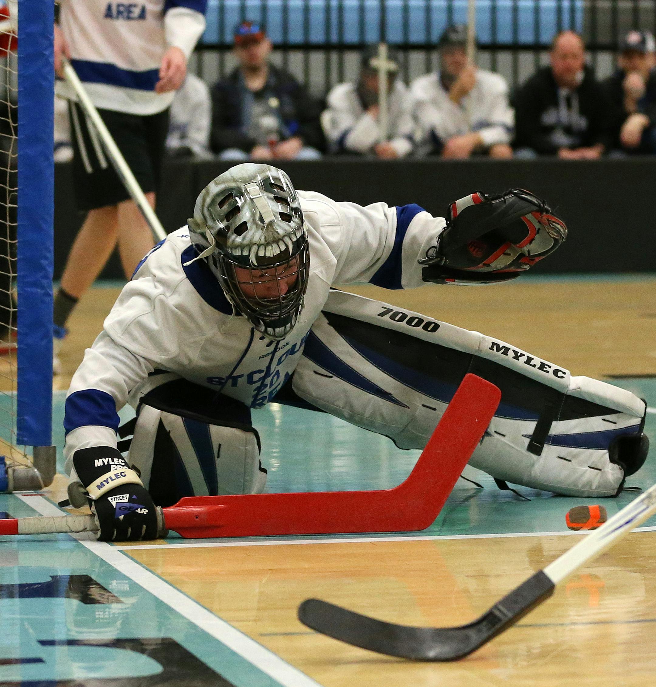 St. Cloud Area goaltender Tyler Everts (20) went down to make a save during the CI division game. ] ANTHONY SOUFFLE &#xef; anthony.souffle@startribune.com Players competed during the adapted floor hockey state tournament championship games Saturday, March 18, 2017 at Jefferson High School in Bloomington, Minn.
