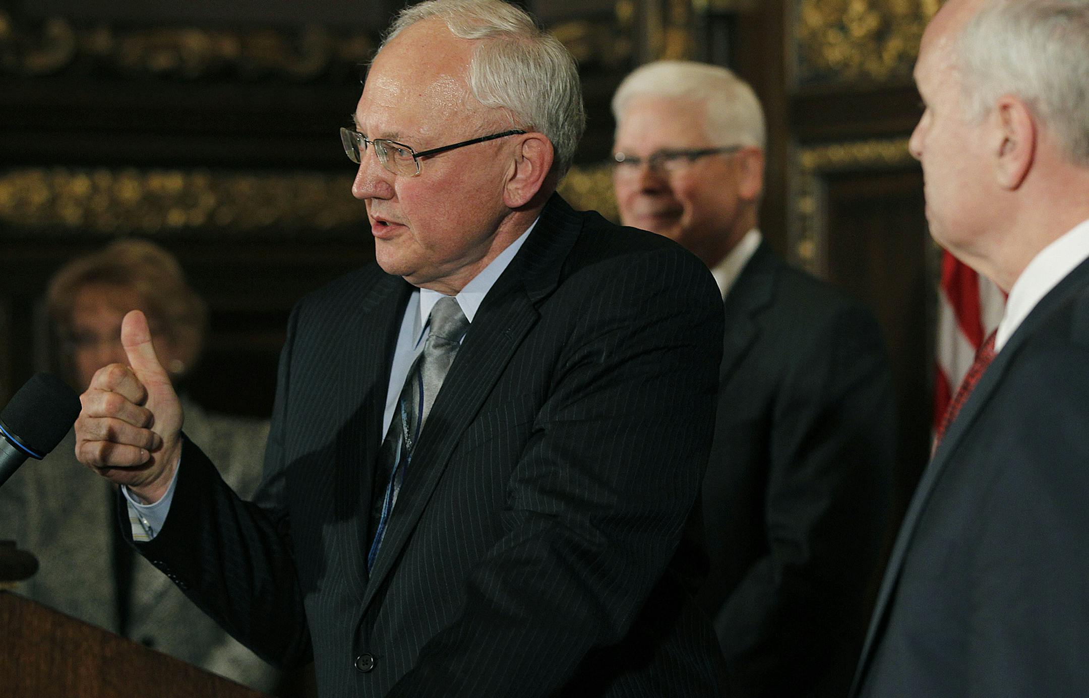Justice Paul Anderson gave his support to the newly appointed Supreme Court Justice David Lillehaug after Governor Mark Dayton made the announcement at the Minnesota Capitol, Tuesday, March 26, 2013. (ELIZABETH FLORES/STAR TRIBUNE) ELIZABETH FLORES • eflores@startribune.com