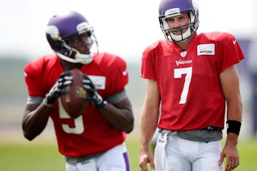 Vikings quarterbacks Teddy Bridgewater, left, and Christian Ponder during training camp in 2014. They are two of the four quarterbacks the Vikings hav