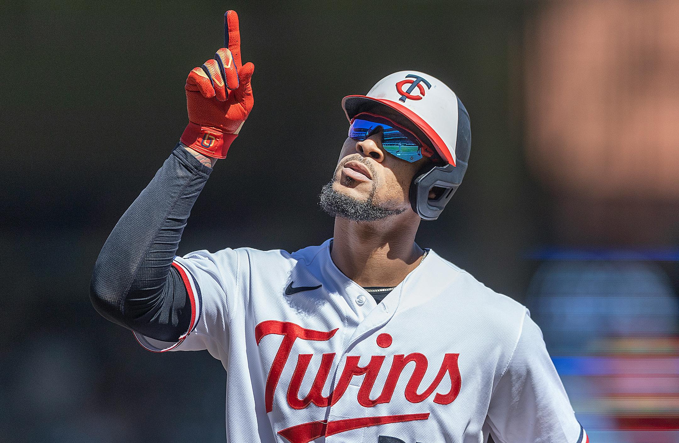 Minnesota Twins center fielder Byron Buxton (25) celebrates a single during the bottom of the seventh inning.