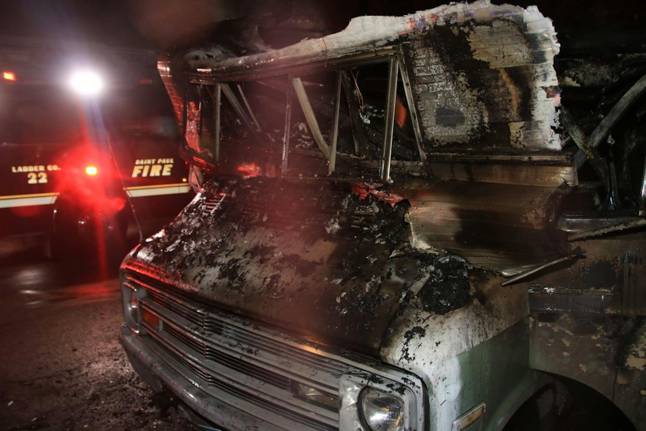A close up of the motorhome that caught fire Saturday night in St. Paul, leaving one person dead.
