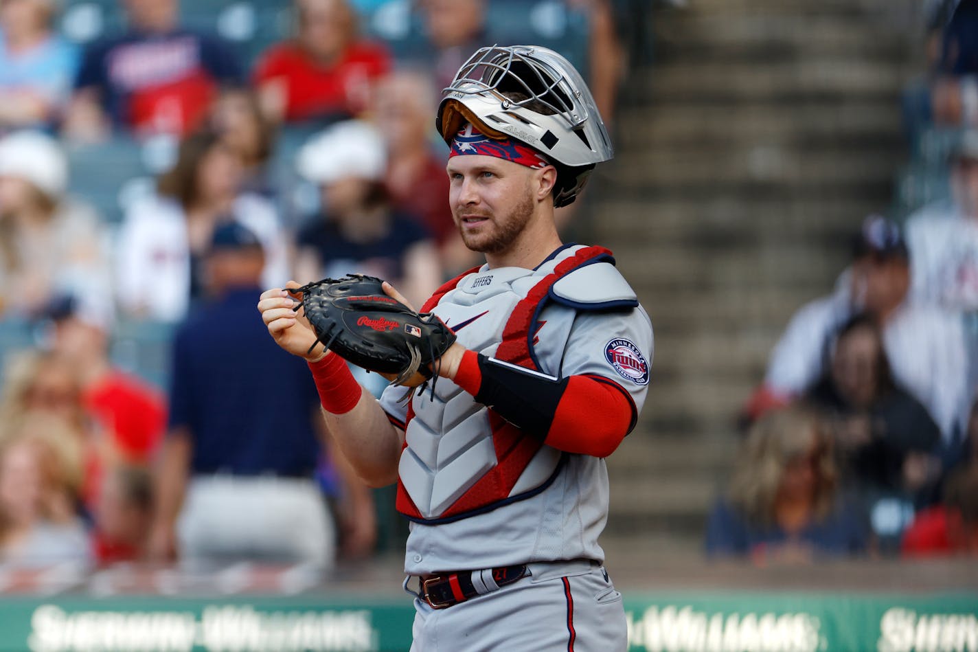 Minnesota Twins catcher Ryan Jeffers plays against the Cleveland Guardians during the first inning of a baseball game Monday, June 27, 2022, in Cleveland. (AP Photo/Ron Schwane)