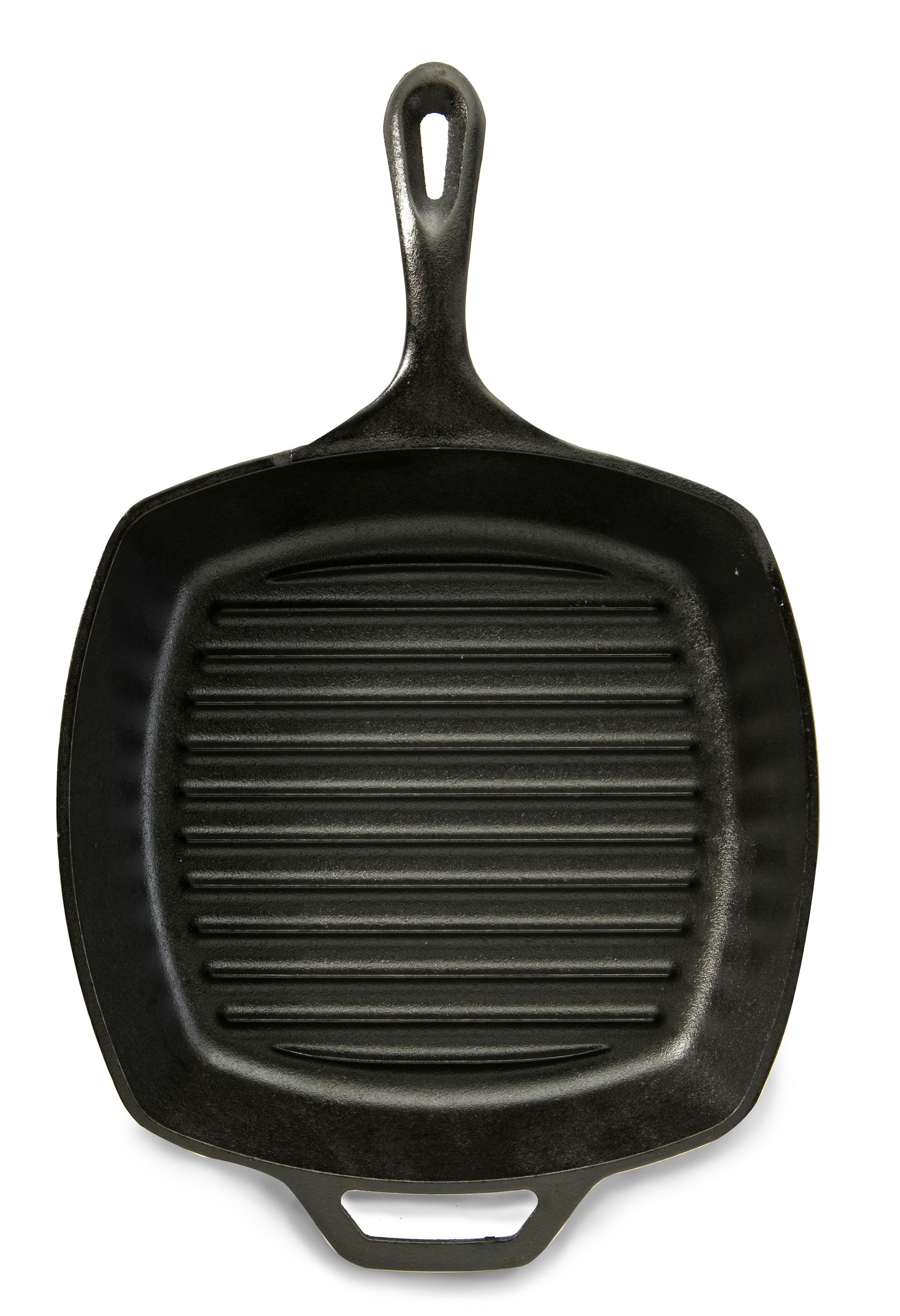 The Lodge Logic pre-seasoned square grill pan has a 10 1/2-inch-square cooking surface.