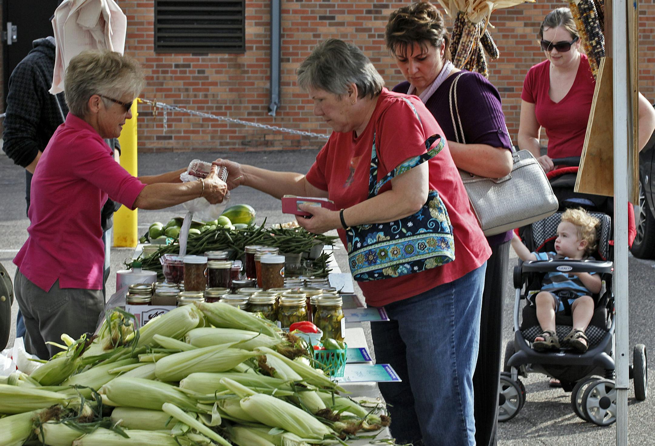 MARLIN LEVISON * mlevison@startribune.com Assign. #20009714A September 24, 2009] GENERAL INFORMATION: Farmers Market in downtown Anoka. IN THIS PHOTO: Customers lined up to buy the fruits and vegetables at the market. ORG XMIT: MIN2014051012024113