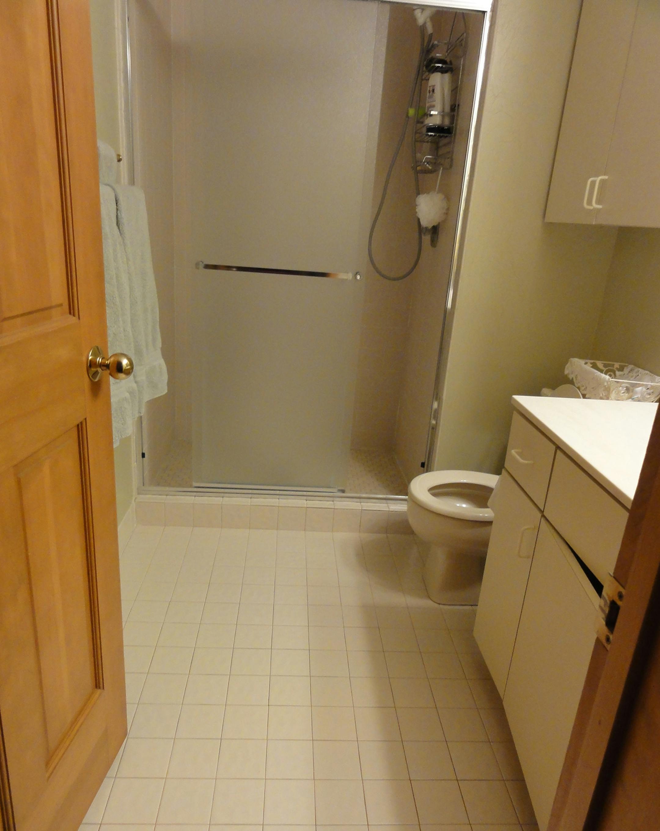 BEFORE: The guest bath was due for an update. “Some of the tiles were cracked, the lighting was poor, and the vanity was not really our taste,” Waddell said.