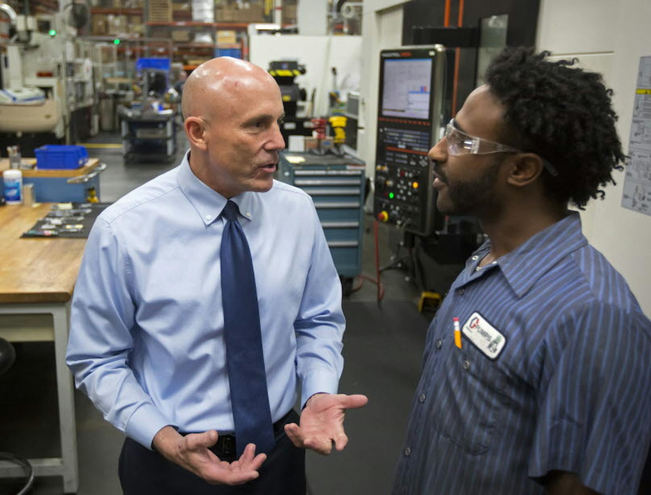 Graco CEO Pat McHale, left, gave employees &#x2014; including machinist Gadissa Gemeda &#x2014; an extra annual vacation day after Graco&#x2019;s stock crossed $100 per share in the spring. General Mills, hoping to recapture the yogurt &#xad;market, was off 18 percent. Regional banker TCF Financial fell 18 percent in the first six months of 2017.