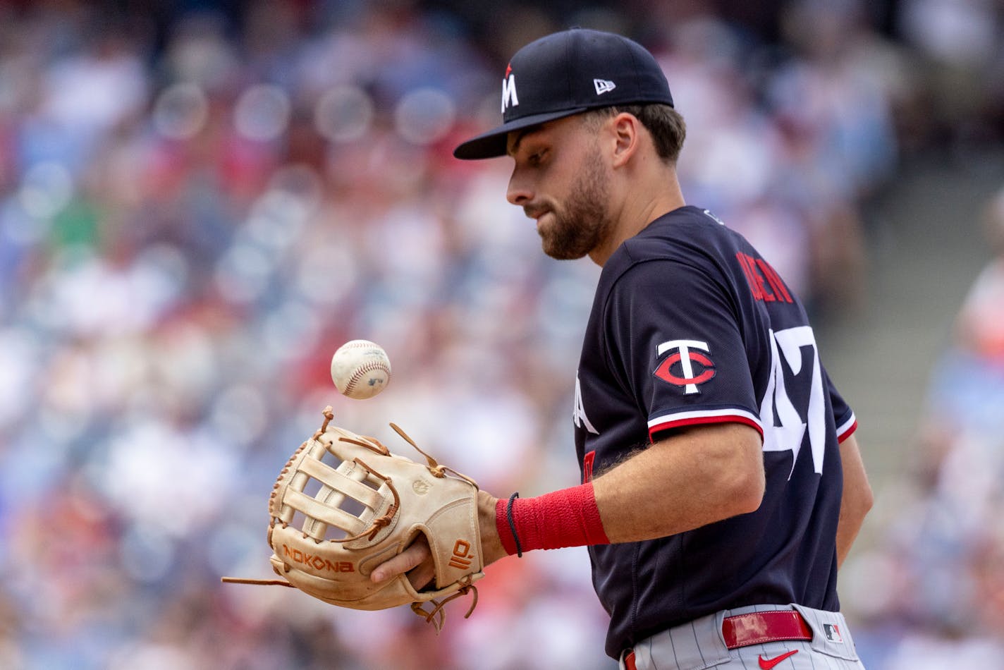 Minnesota Twins second baseman Edouard Julien (47) in action during a baseball game against the Philadelphia Phillies, Sunday, Aug. 13, 2023, in Philadelphia. (AP Photo/Laurence Kesterson)